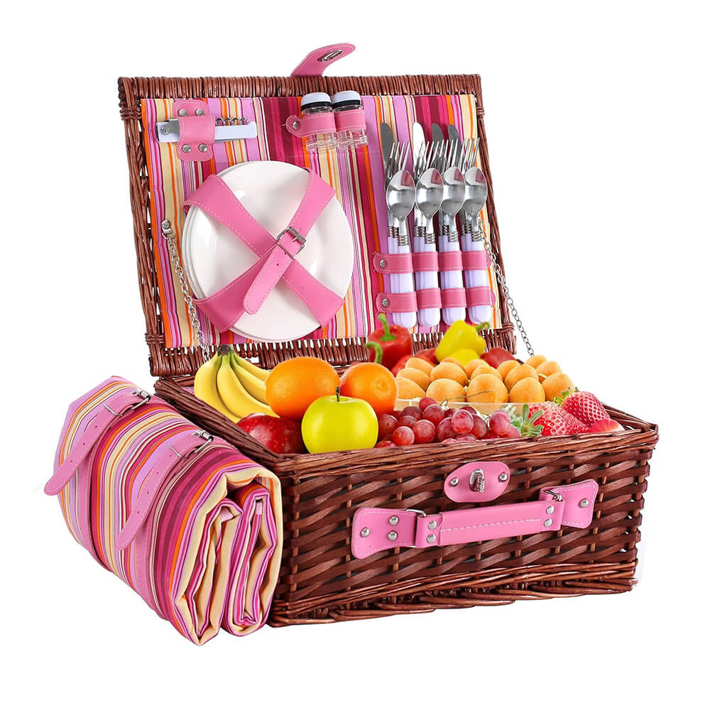 Wicker Picnic Basket with Cooler Bag for 4-Person- Pink Design
