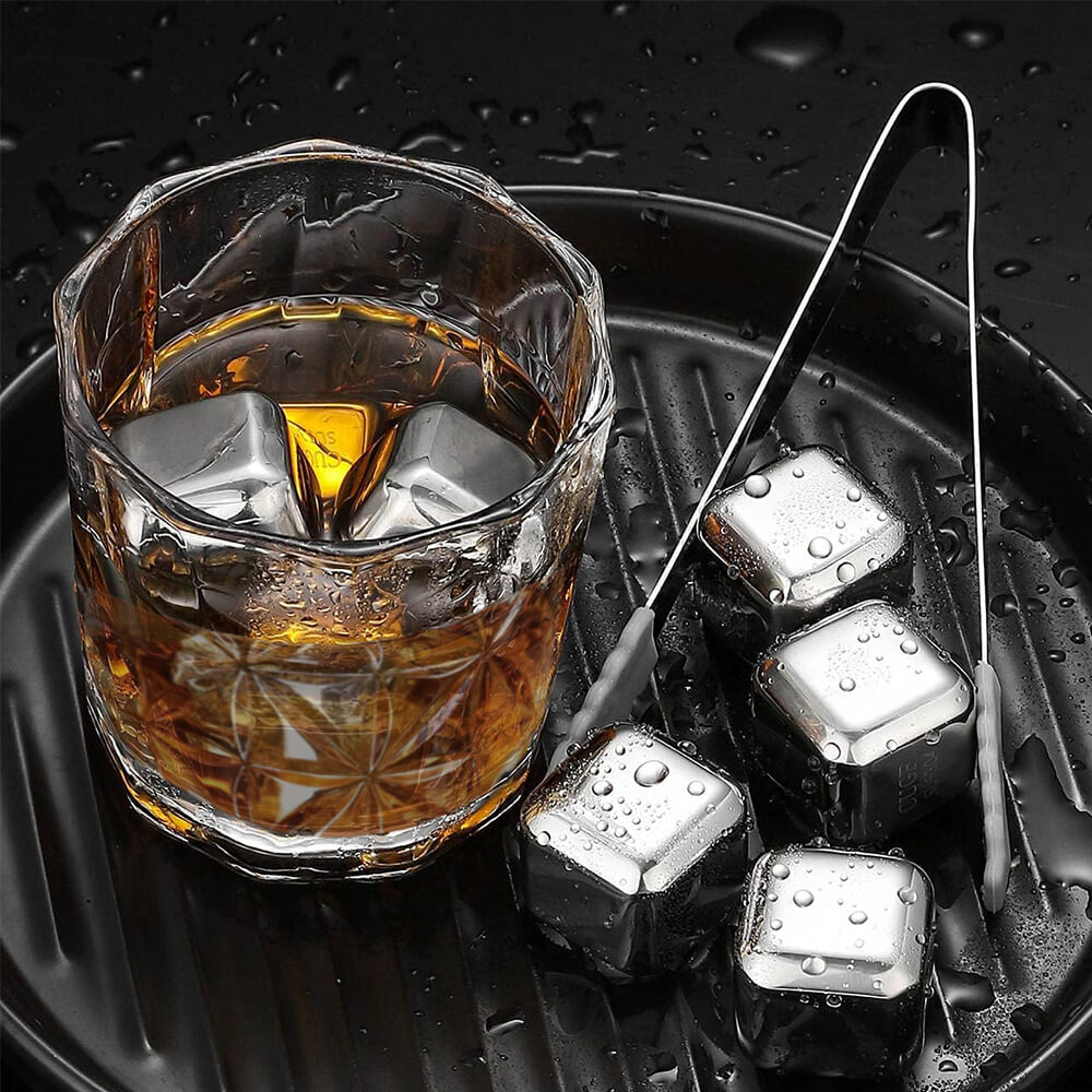 Whiskey Glasses 350ml & Stainless Steel Ice Cubes + Square Ice Tray