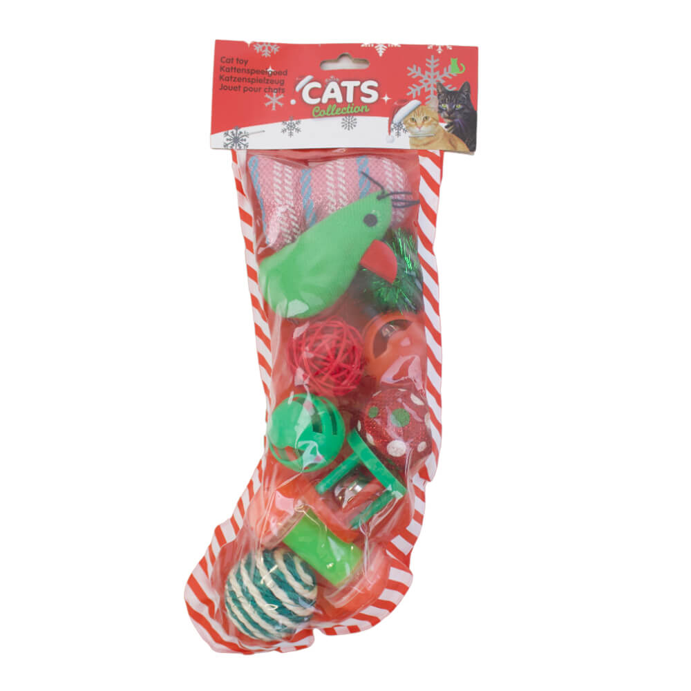 Cat Toys in Christmas Stocking - Set of 10