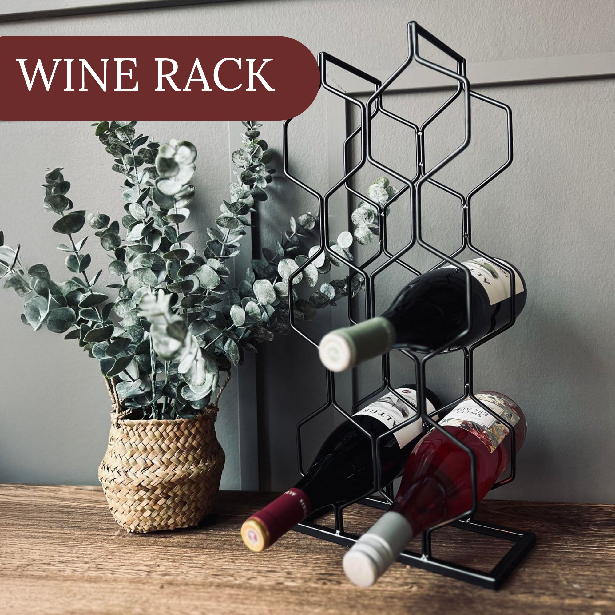 Decorative Black Metal Wine Rack – Holds 8 Bottles (48x23x11cm)