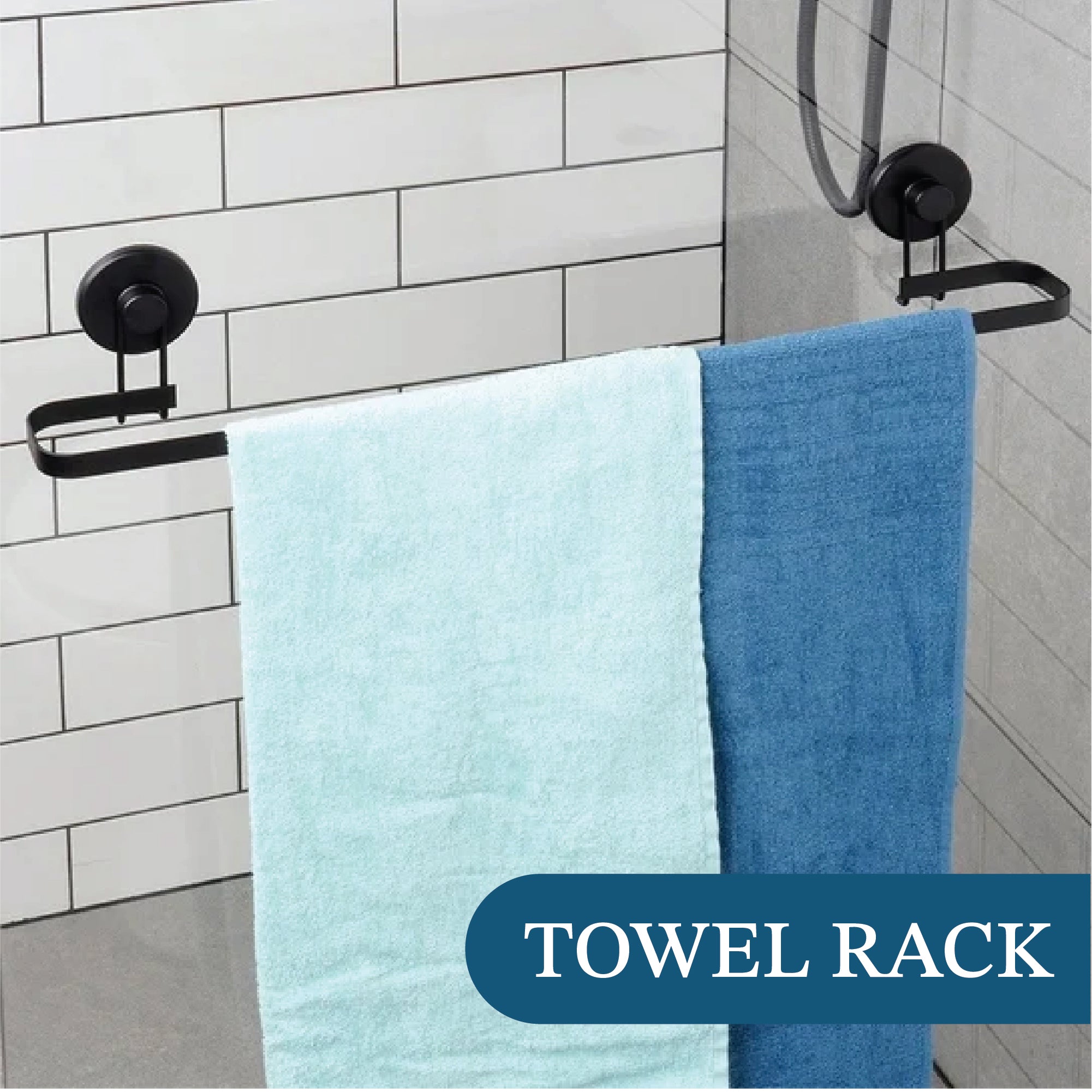 Wall Mounted Bathroom Towel Rack with Suction Cups – Matt Black, 60x11cm