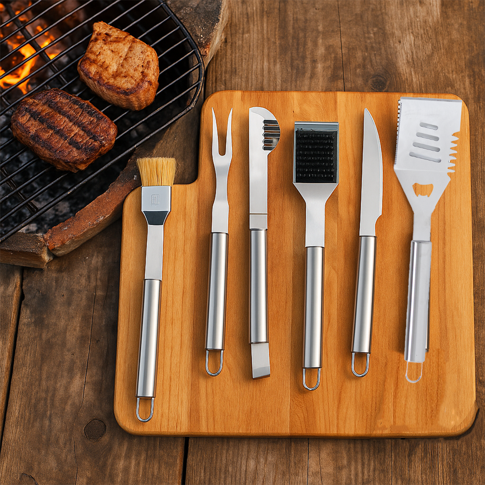 Premium Stainless Steel Braai Tool Set in Carry Case - 6 Pieces