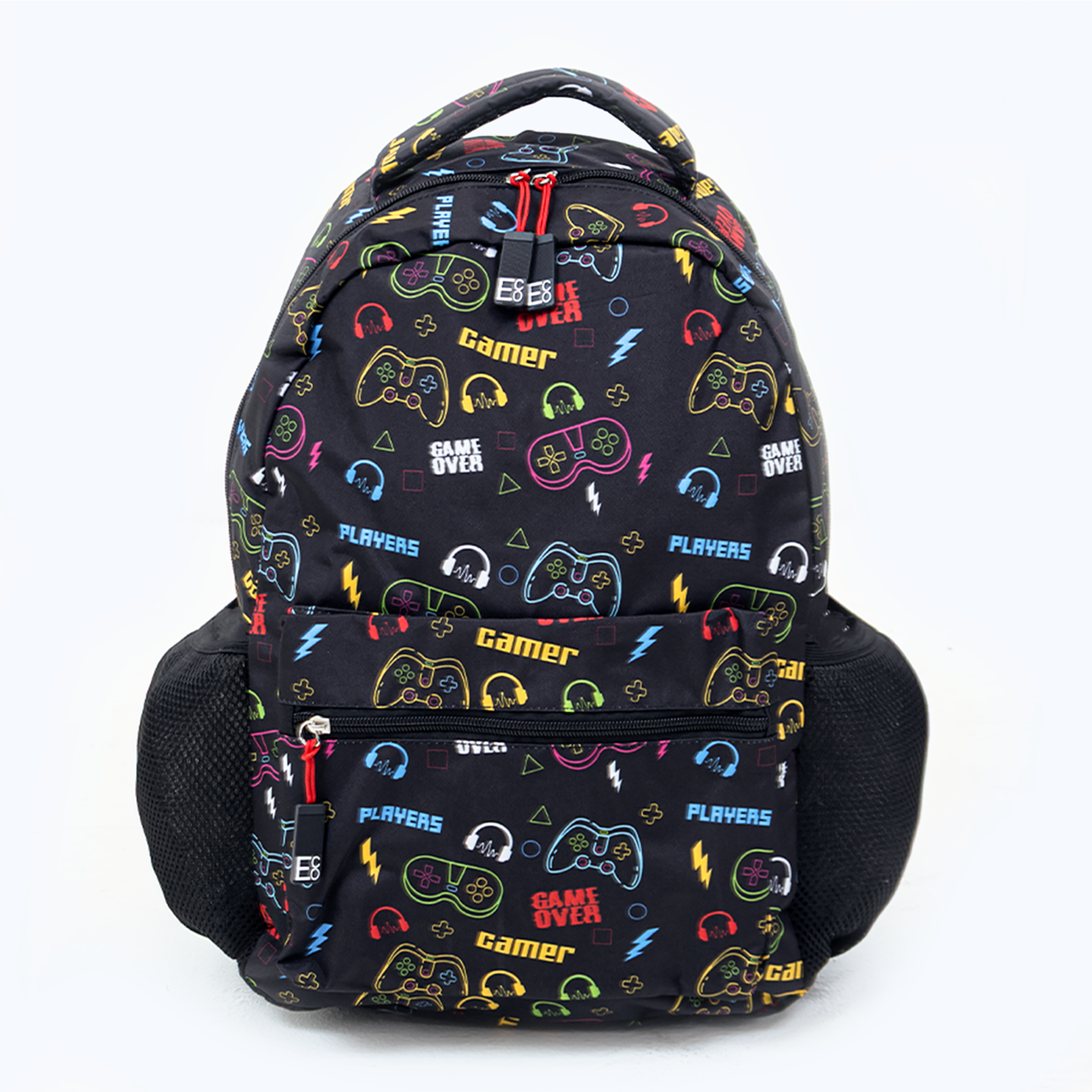 Game Over Backpack | Gaming School Bag with Gamer Icon Print