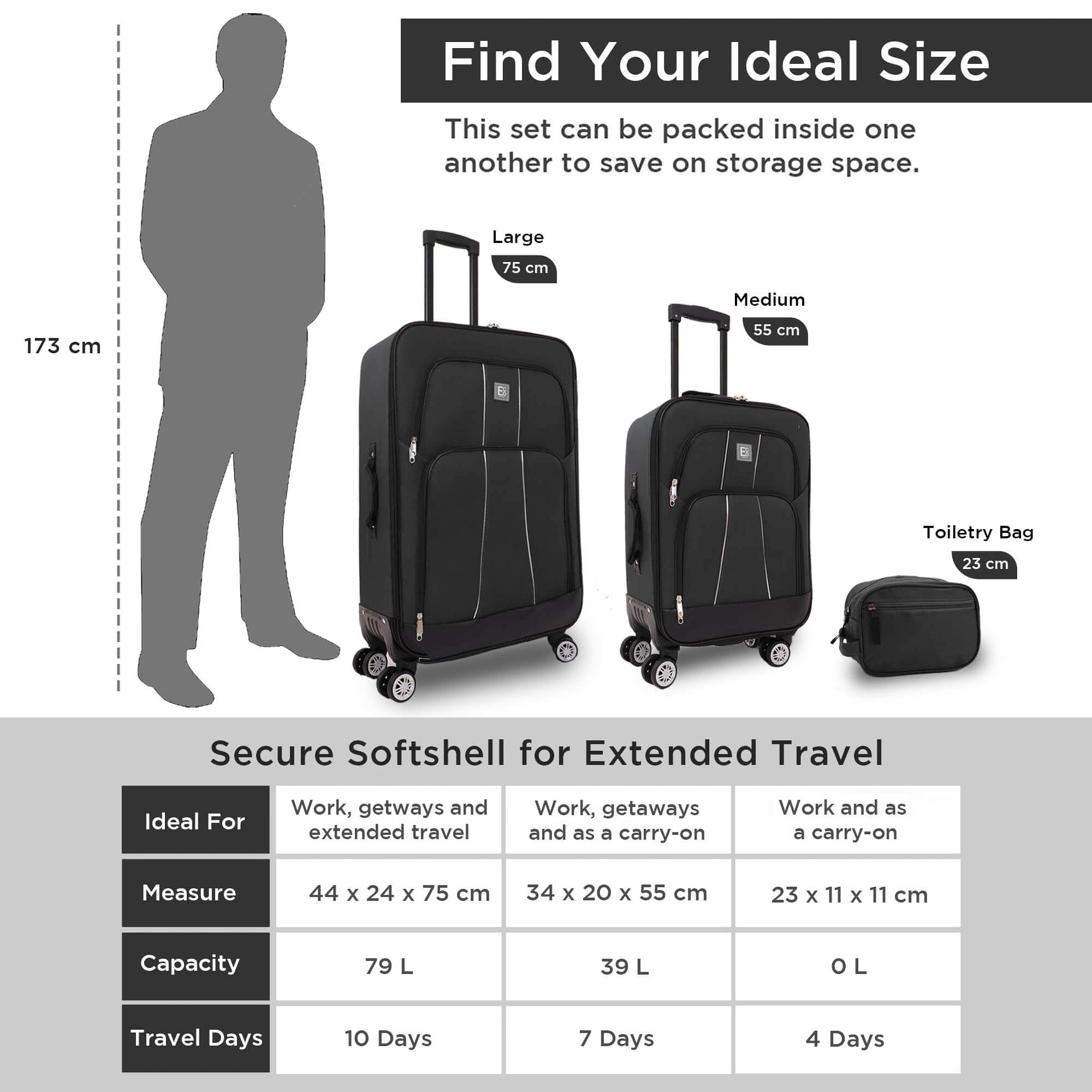 Seville 4 Piece Soft Luggage Set - Black