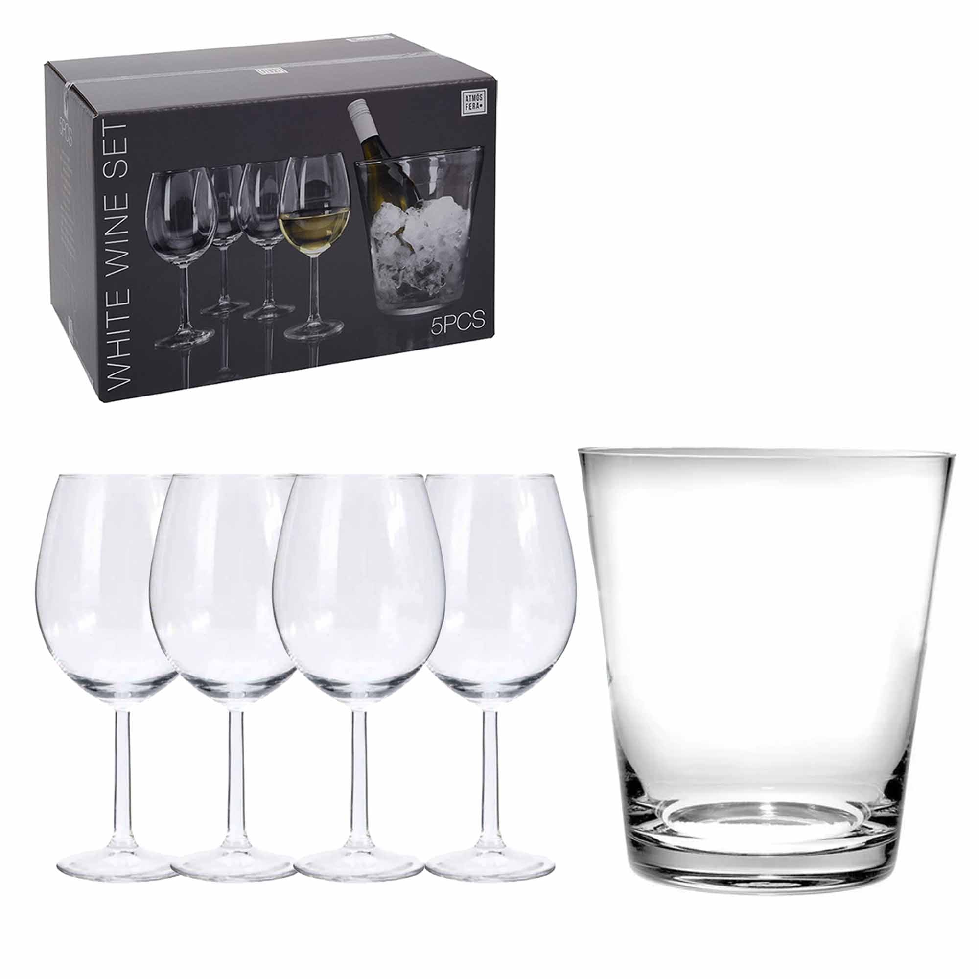 4 Wine Glasses 430ml & 1.5 Litre Glass Ice Bucket - White Wine Gift Set