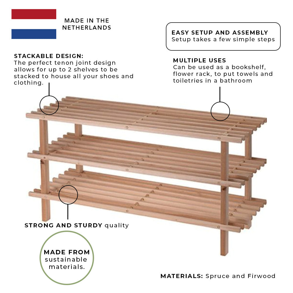 Shoe Rack - 6 Pairs - 3 Shelves - Natural firwood - Eco-Friendly