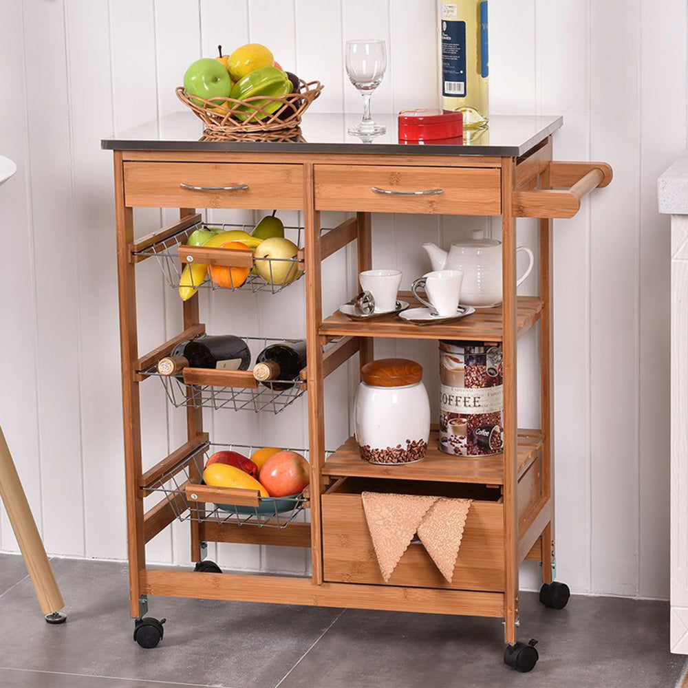 DIY eco-friendly pinewood kitchen trolley with stainless steel countertop is convenient storage for food, wine bottles, and kitchen utensils. Wine rack for 6 wines. Countertop with chrome baskets. 1 x handle for pulling. 4 x wheels and 2 stoppers. 2 x drawers. Mother drawer. 3 x basket with chrome finish. Bags Direct wholesale online shop 78440000