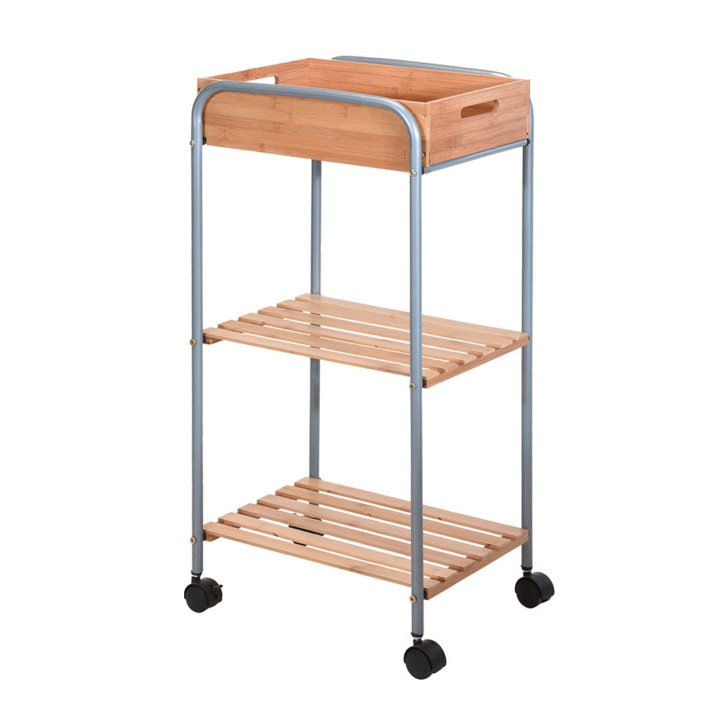 Bamboo Trolley on 4 Wheels with 2 Shelves and Removable Tray