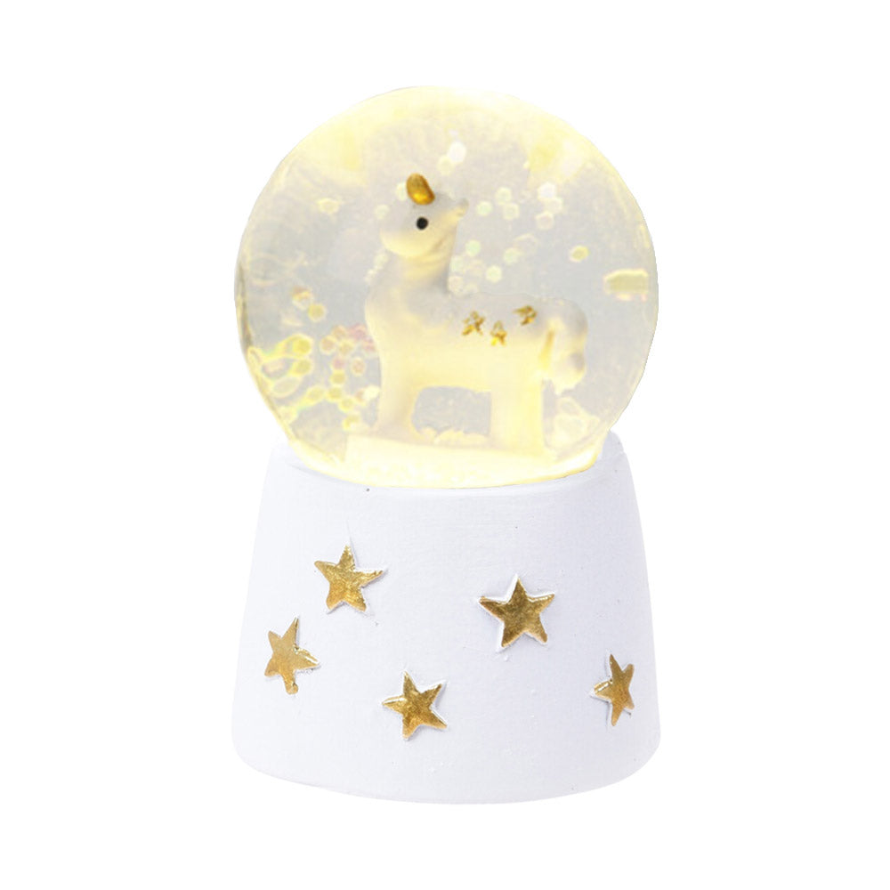 Snow Globe Water Ball with Unicorn on White Base with Gold Stars and Warm White LED