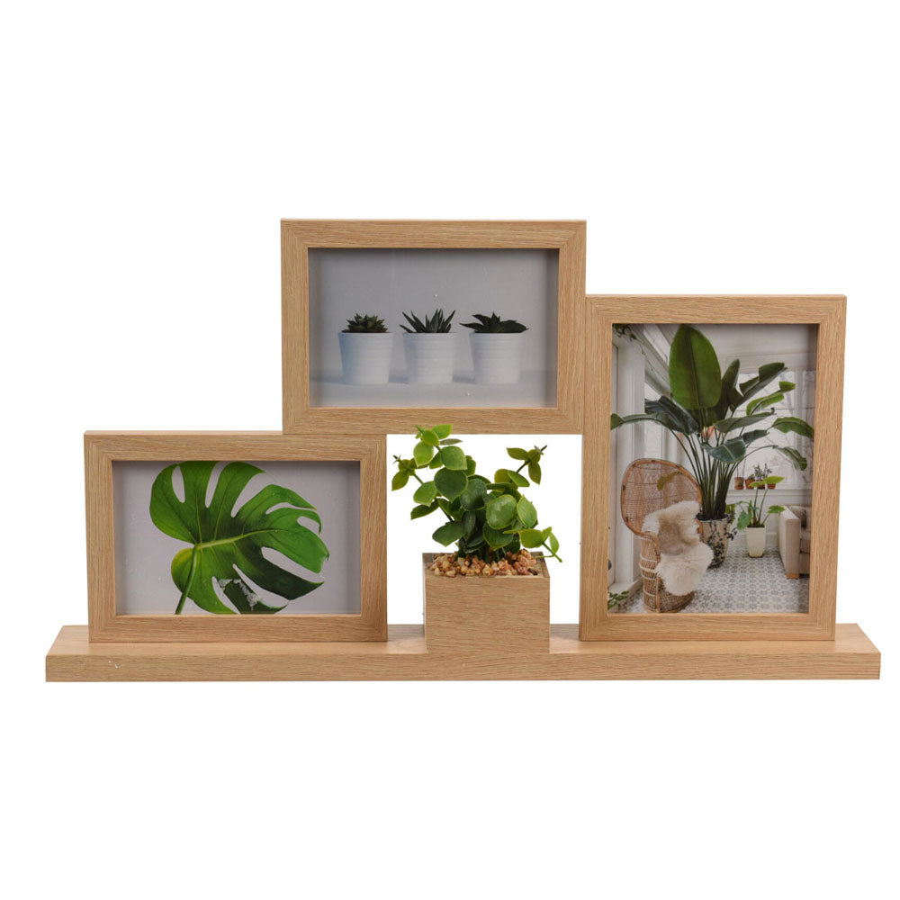 Wooden Photo Frames for 3 Photos with Artificial Plant on Shelf