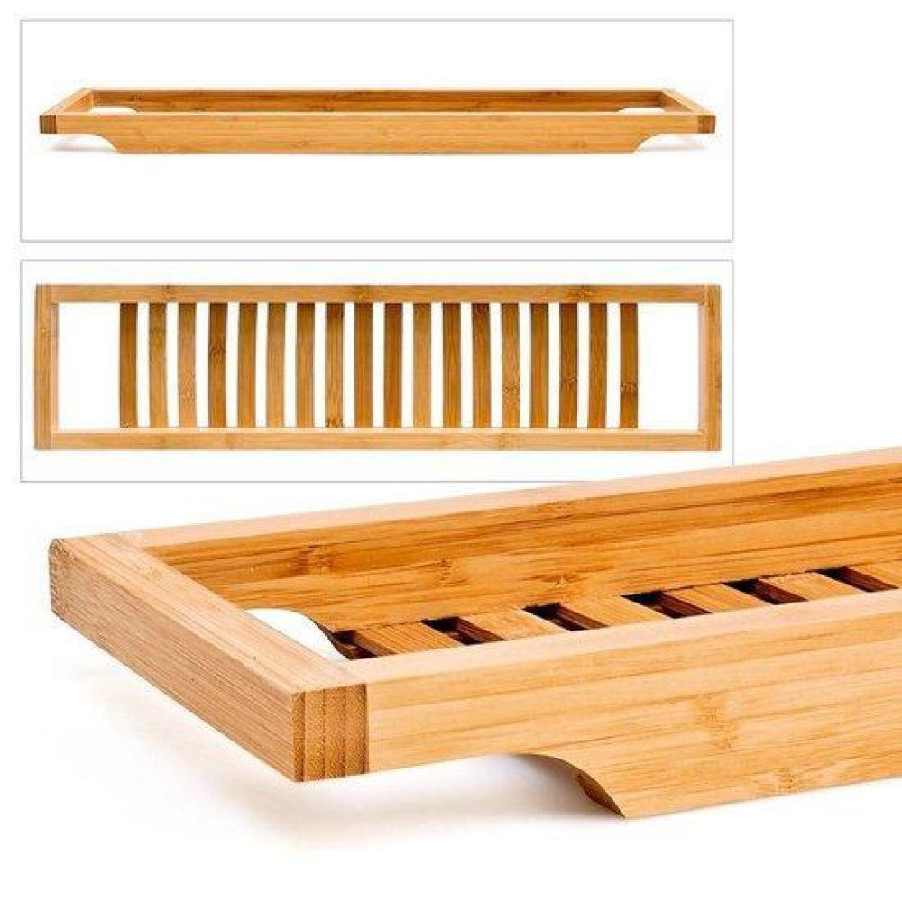 Bags Direct Eco-Friendly Bamboo Bath Tray Rack - 784200500 -  different views on bath rack showcasing its beautiful bamboo wood craftsmanship
