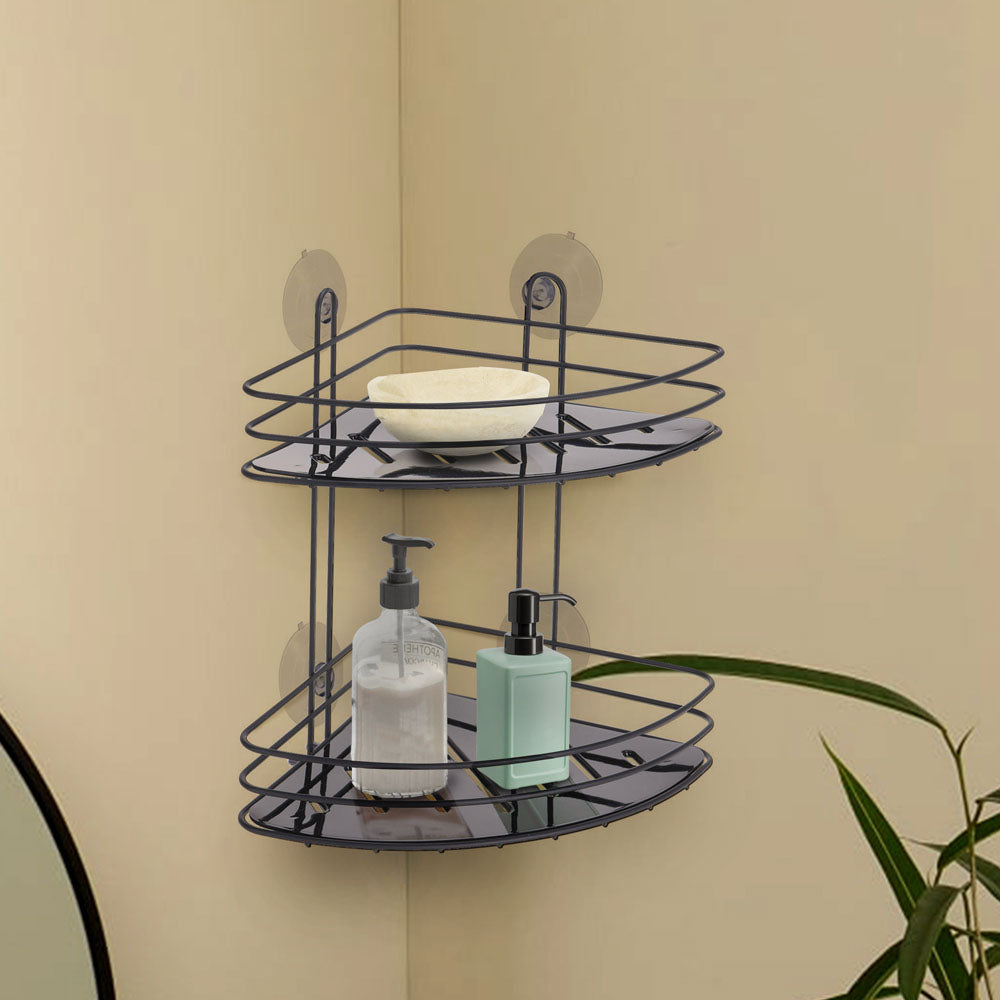 Metal powder coated bathroom rack with 4 suction cups and 2 trays with drainage holes. Keep all your shower and bath essentials tidy and organised from shampoo bottles, soaps, razors and cloths. Equipped with drainage holes. Ideal to use in the shower, bathtub or washbasin. Size: 20 x 20 x 23cm.. Bags Direct wholesale online shop