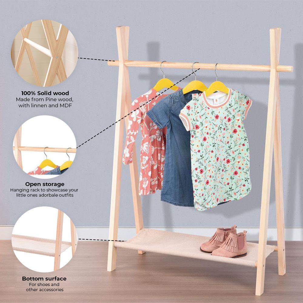 Eco-Friendly 100cm Pinewood Clothes and Shoe Rack. The clothes rack has the shape of a tipi tent and is made of natural wood. All clothes sucks as jackets, tops and pants of your child can easily be hung at the top of the rack, the shelf at the bottom is ideal for shoes. Size: 80 x 30 x 100cm. Bags Direct wholesale online shop NB1990070