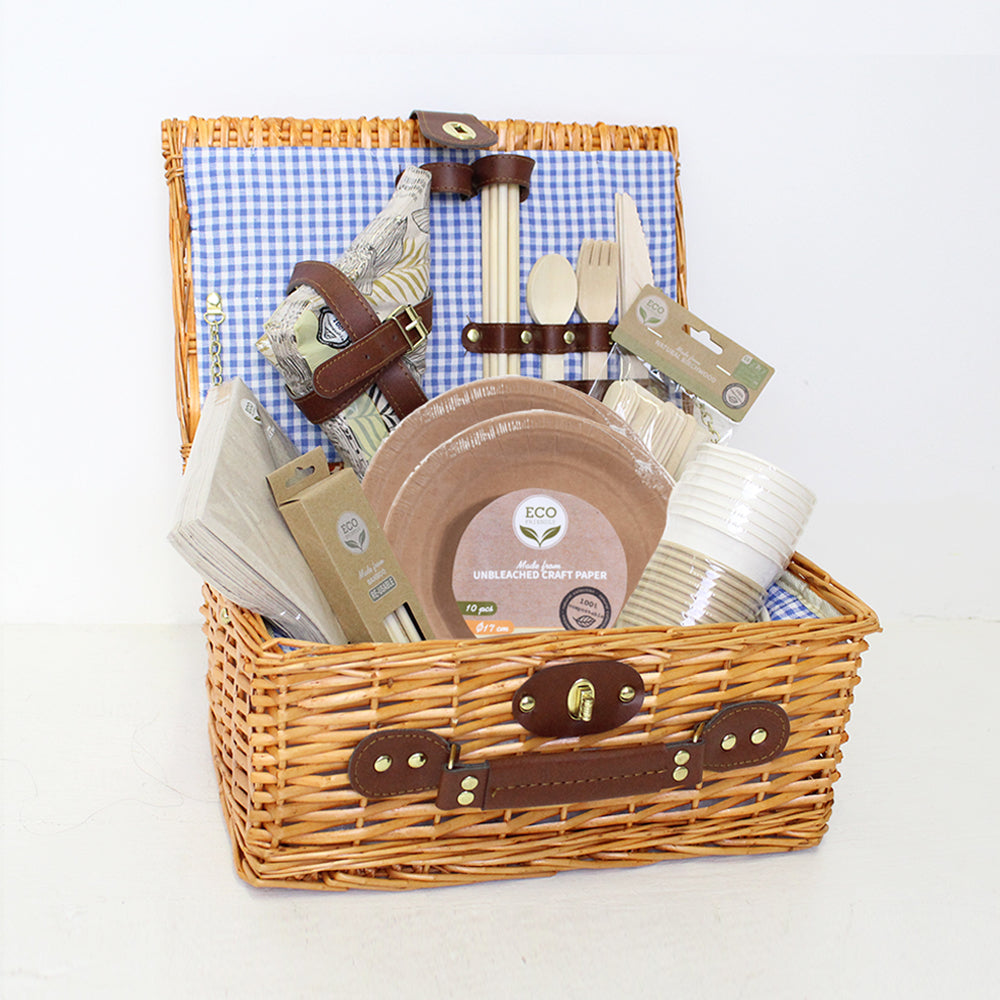 Eco-Friendly Picnic Basket- Blue Checkered Design with Birchwood Cutlery, Plates, Cups