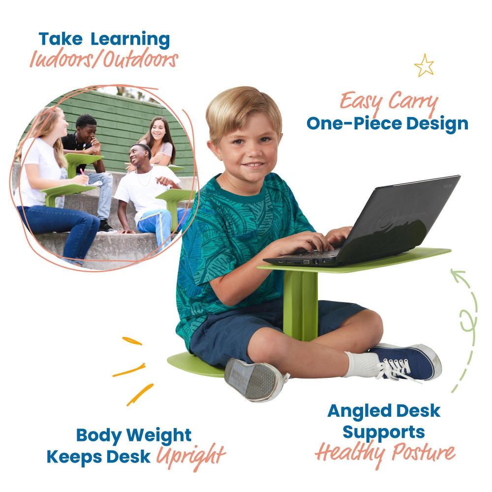 Bags Direct - Portable Flexible Laptop Desk with Seat and Slot Hole - DN-K-26 - Primary school boy using laptop desk to work on laptop and there are points saying it's easy carry, one-piece design, angled desk supports healthy posture, body weight keeps desk upright and there are uni students using the desks therefor you can use this item to take learning indoors and outdoors