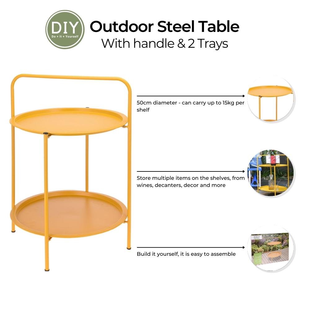 Steel Side Table with 2 Trays - Round Design - Matt Yellow