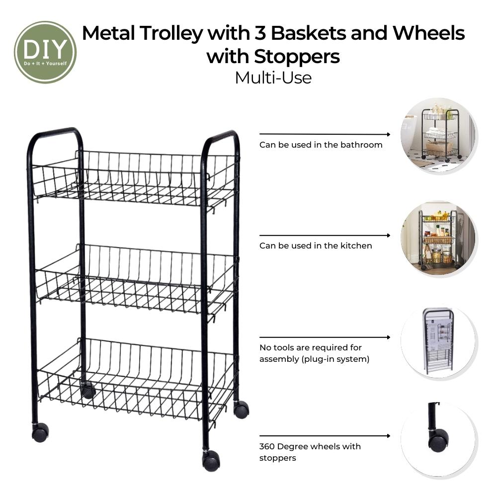 Metal Kitchen Trolley with 3 Baskets on Wheels with Stoppers