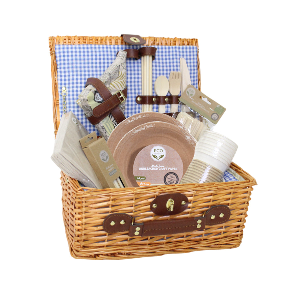 Eco-Friendly Picnic Basket- Blue Checkered Design with Birchwood Cutlery, Plates, Cups