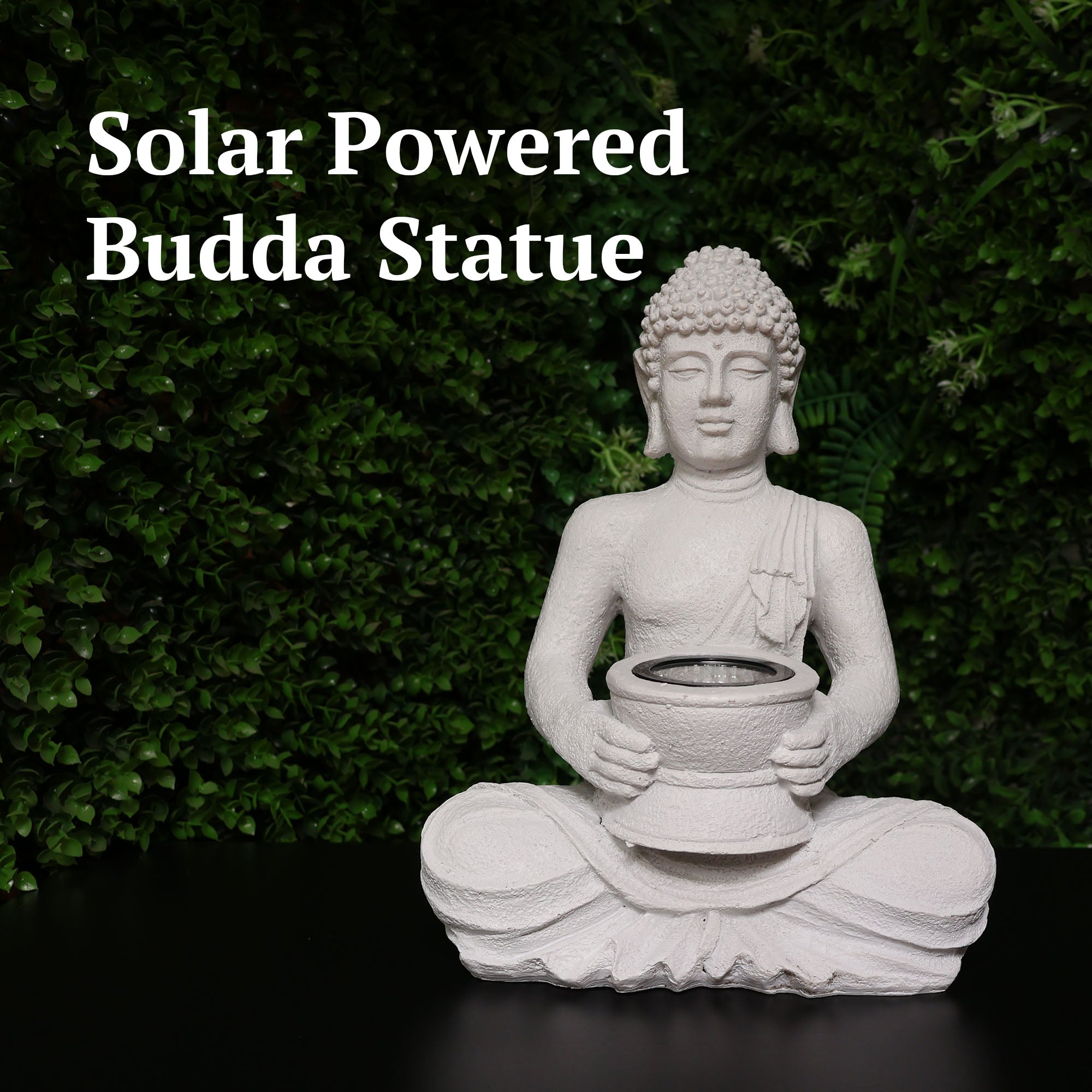 Buddha Statue - Solar Power Light - Polystone - White Design