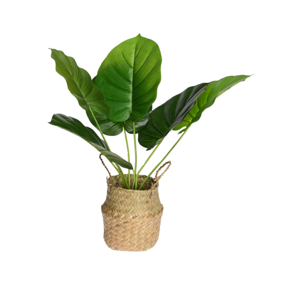 Künstliche Pflanze im Strohkorb mit Griffen – 48 cm