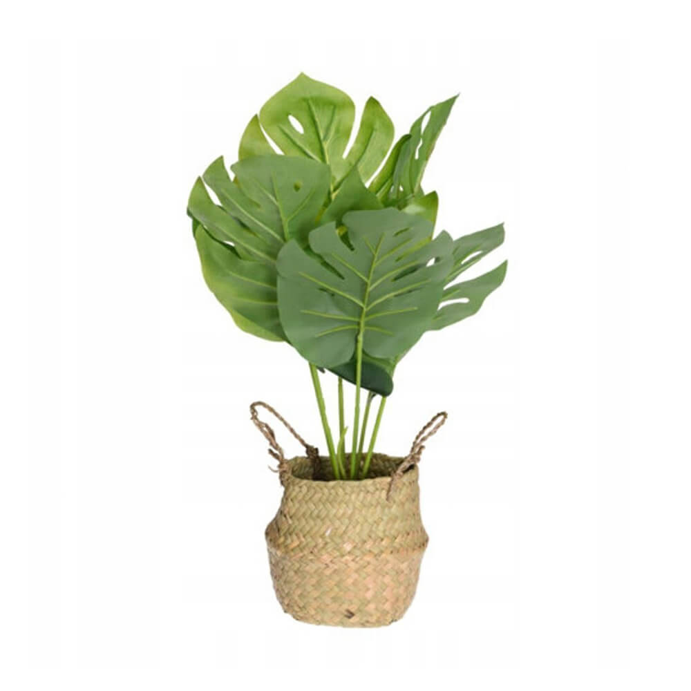 Künstliche Pflanze im Strohkorb mit Griffen – 48 cm