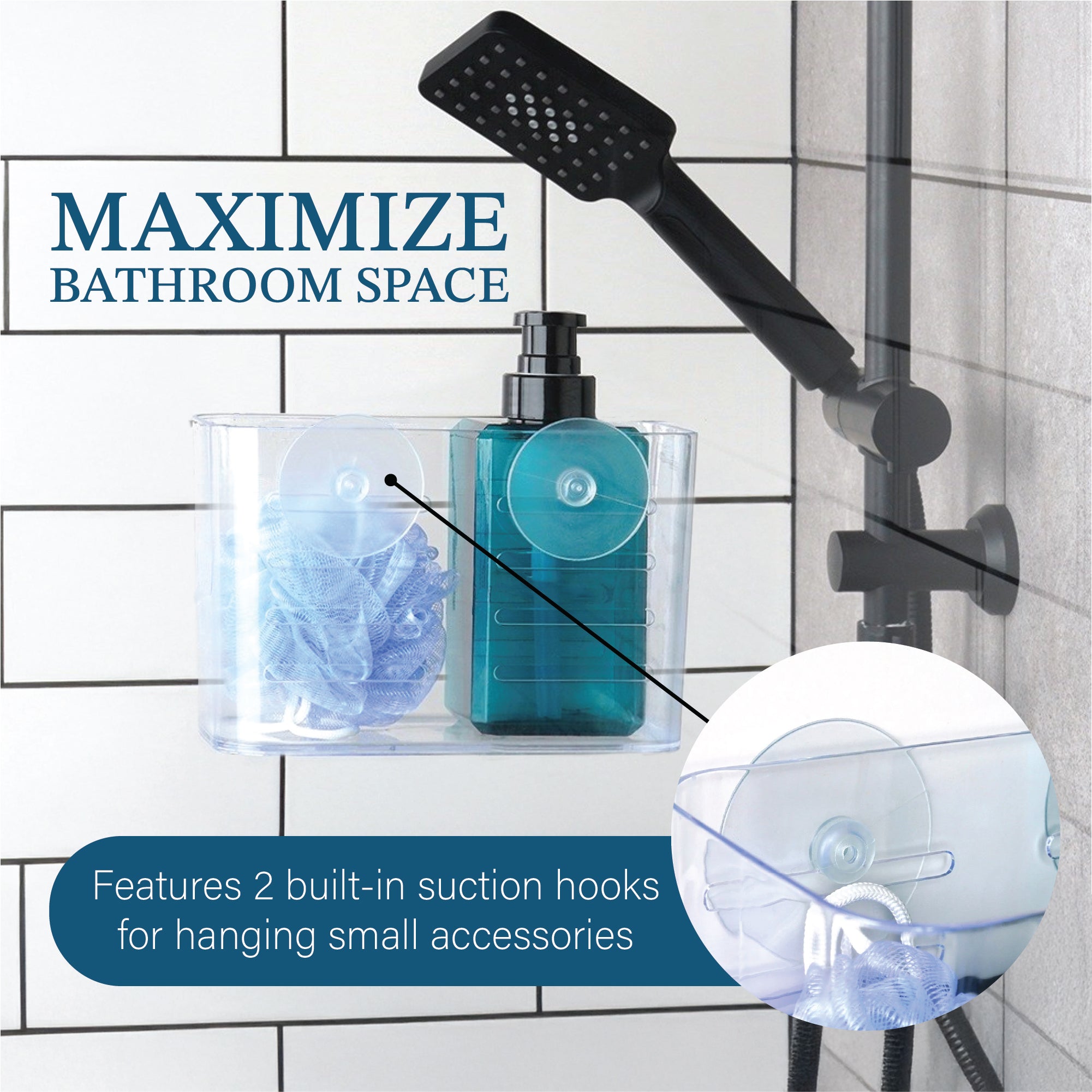 Bathroom Rack Caddy with 2 Suction Hooks – Clear Bathroom Organizer