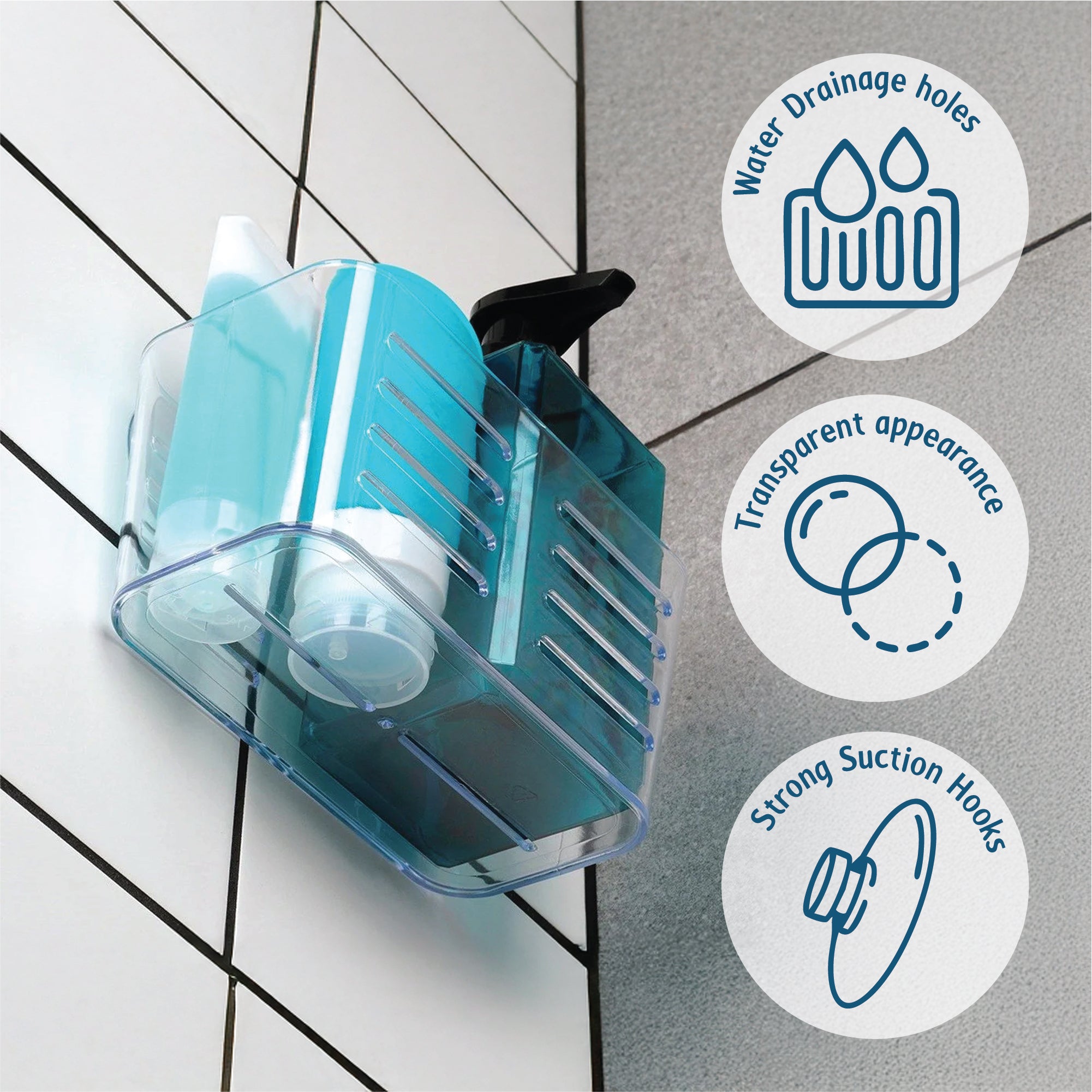 Bathroom Rack Caddy with 2 Suction Hooks – Clear Bathroom Organizer