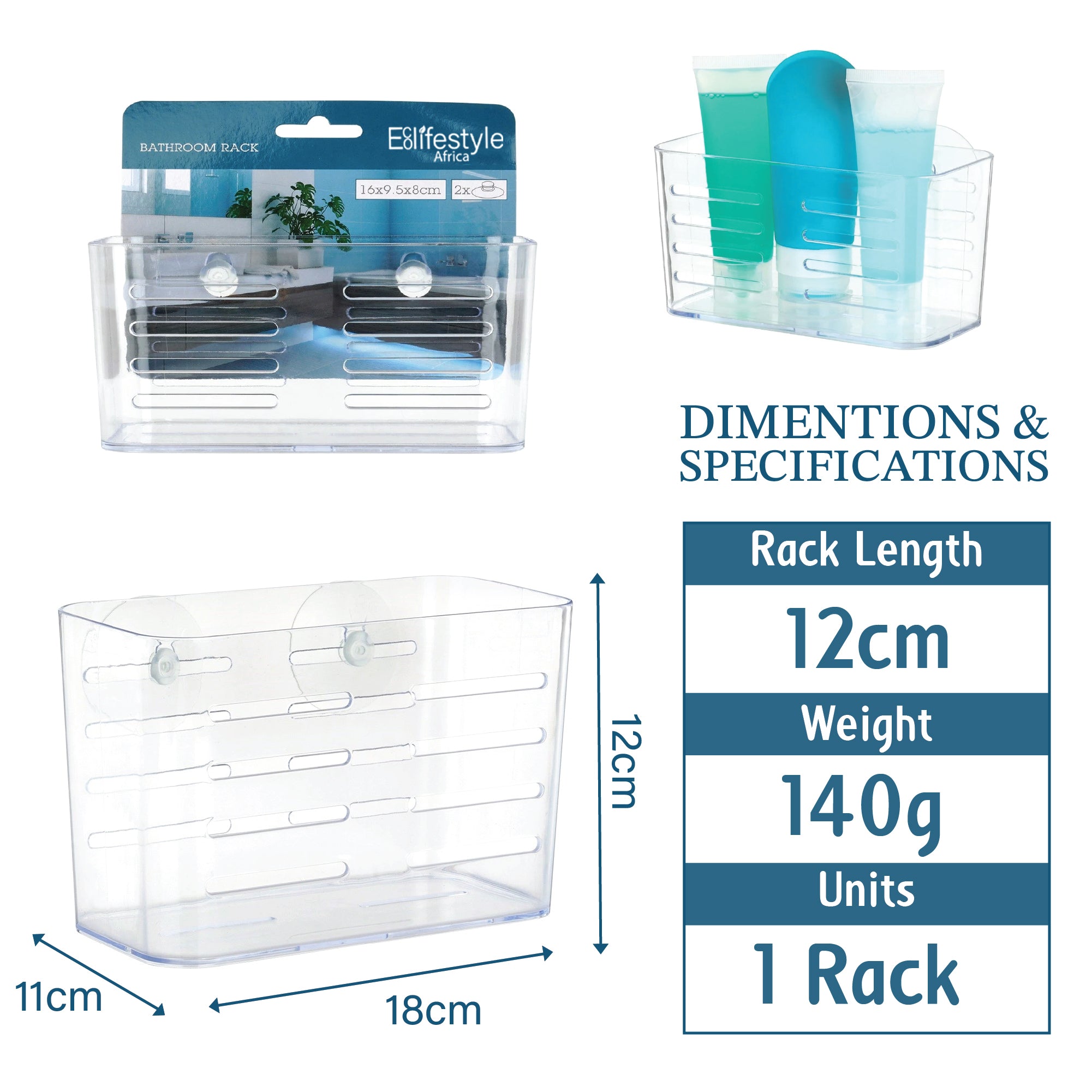 Bathroom Rack Caddy with 2 Suction Hooks – Clear Bathroom Organizer