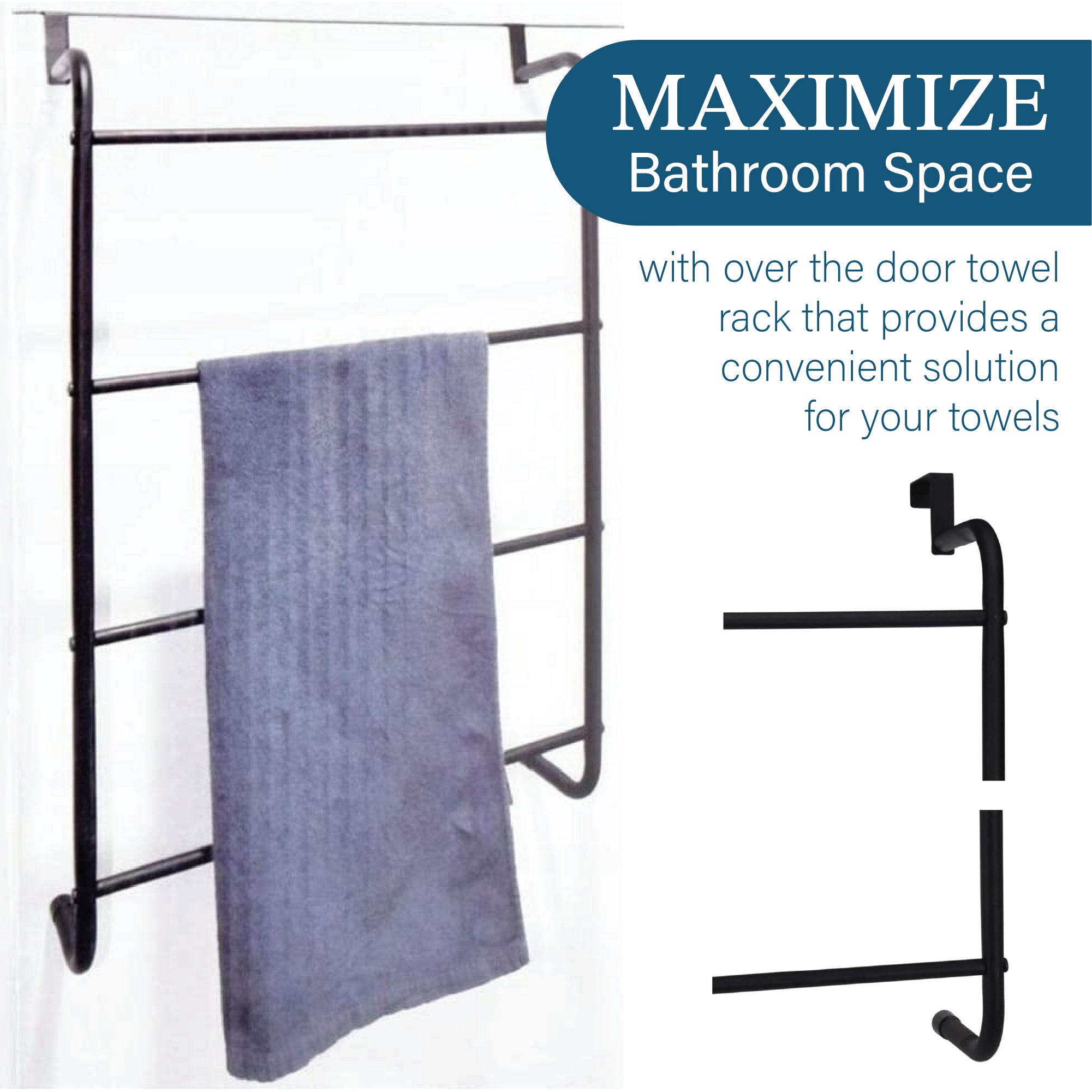 Steel Towel Rack - Over the door - 4 Towels, Black Bathroom Towel Organizer
