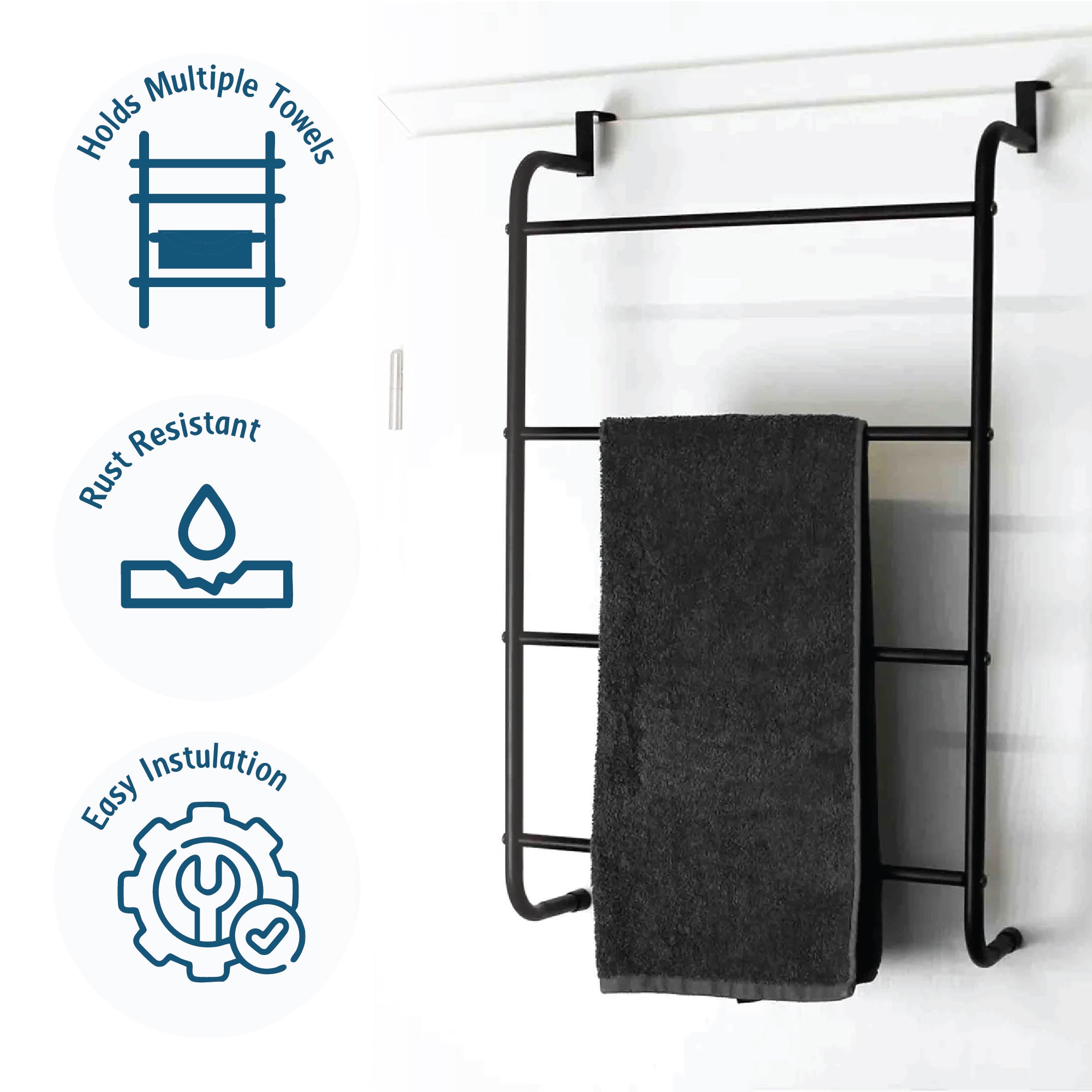 Steel Towel Rack - Over the door - 4 Towels, Black Bathroom Towel Organizer