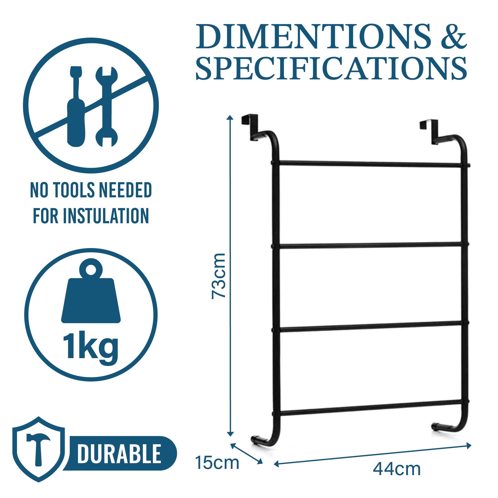 Steel Towel Rack - Over the door - 4 Towels, Black Bathroom Towel Organizer