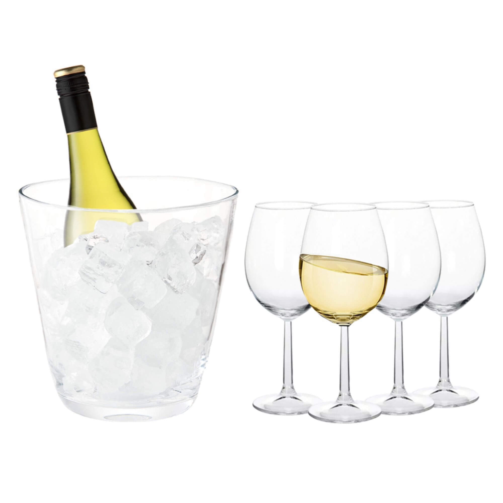 4 copas de vino de 430 ml y cubitera de cristal de 1,5 litros - Set de regalo para vino blanco