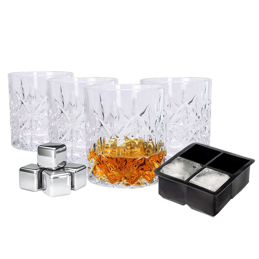 Whiskygläser 350 ml &amp; Eiswürfel aus Edelstahl + quadratische Eisschale