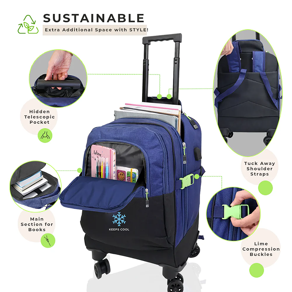 Spinner-Trolley-Rucksack mit Kühltaschenfach und USB-Anschluss