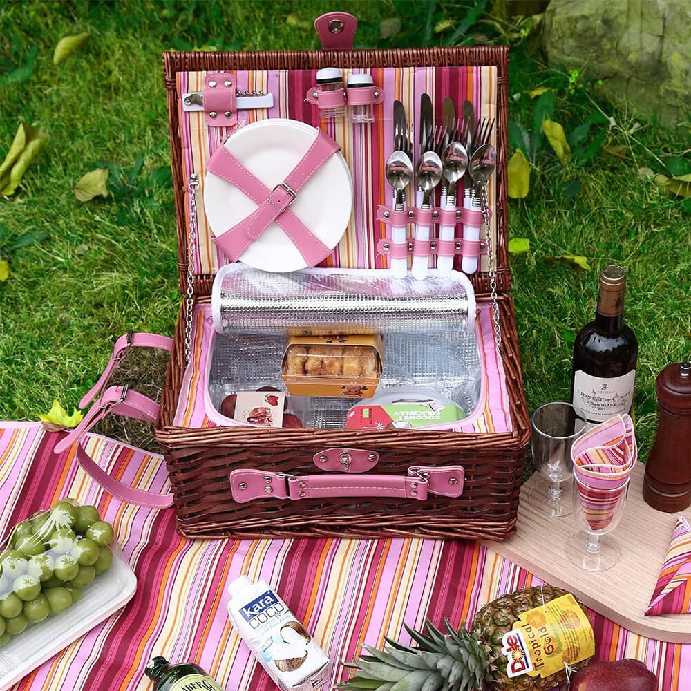 Wicker Picnic Basket with Cooler Bag for 4-Person- Pink Design