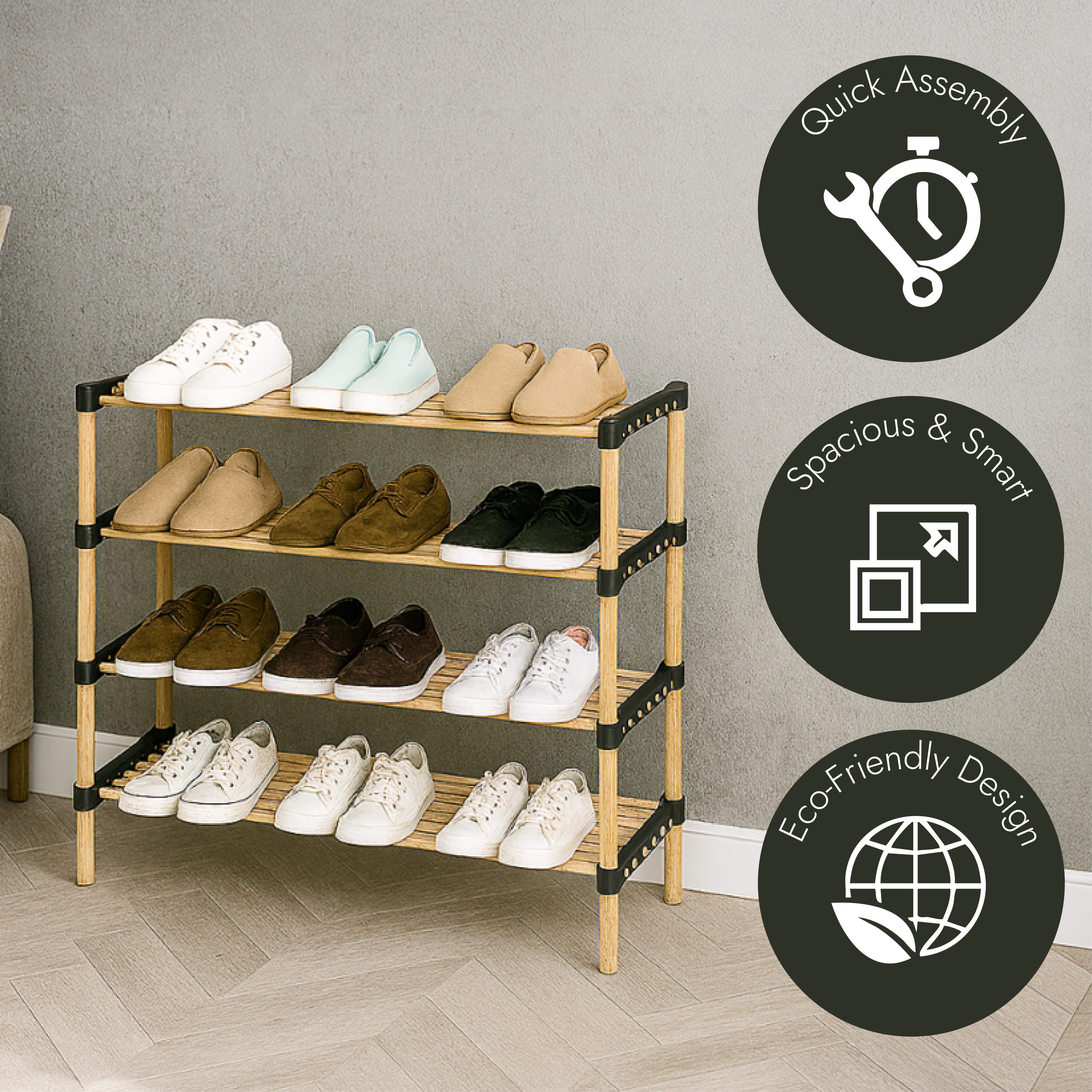 Natural Pinewood Shoe Rack with 4 Shelves