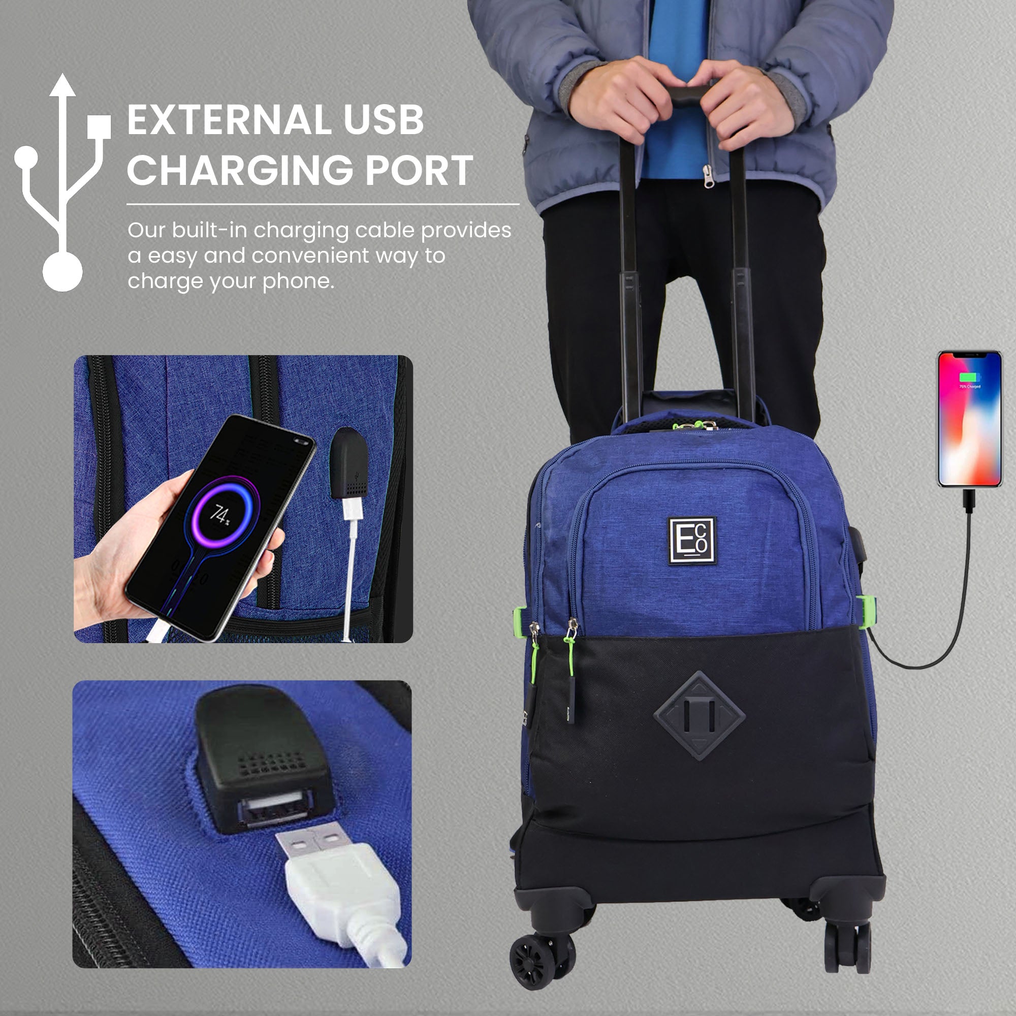 Spinner-Trolley-Rucksack mit Kühltaschenfach und USB-Anschluss