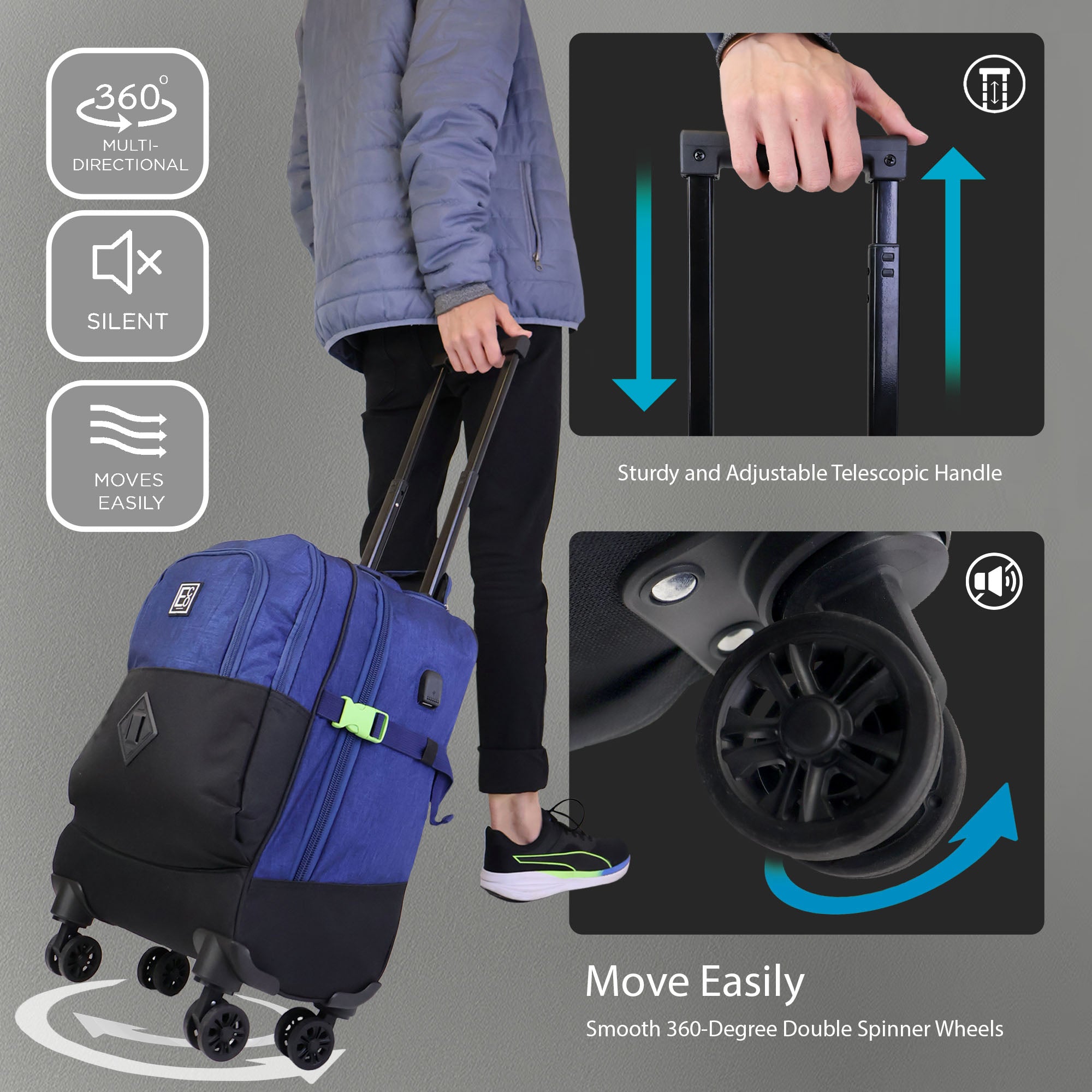 Spinner-Trolley-Rucksack mit Kühltaschenfach und USB-Anschluss