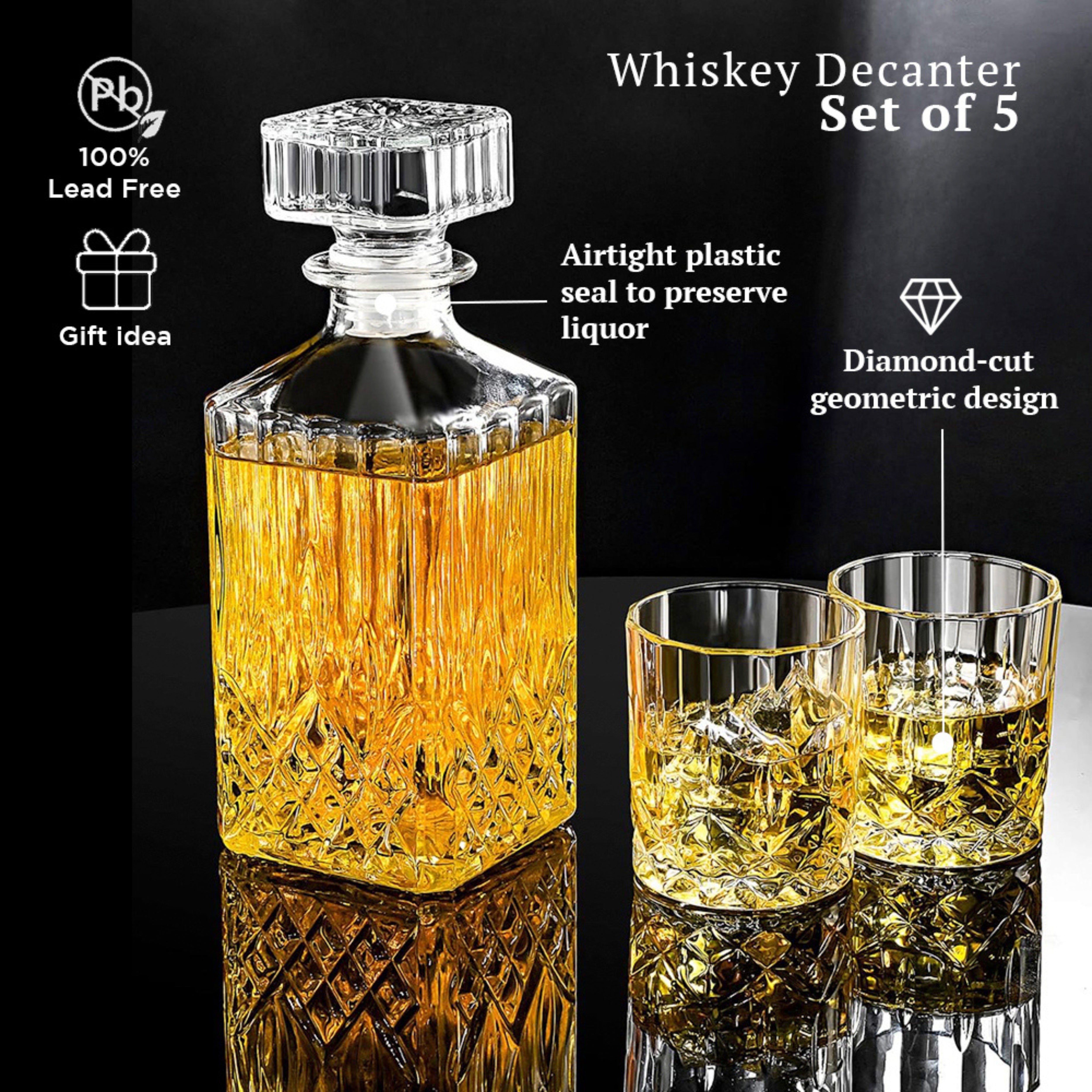 Whiskey Decanter 900ml with 4 Glasses 230ml - Gift Set - Diamond Cut