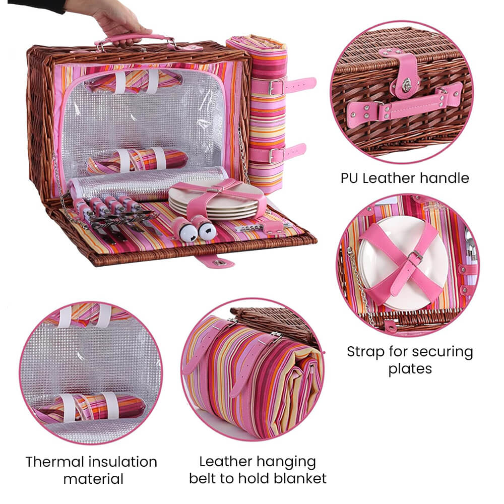 Cesta de picnic de mimbre con bolsa térmica para 4 personas, diseño rosa