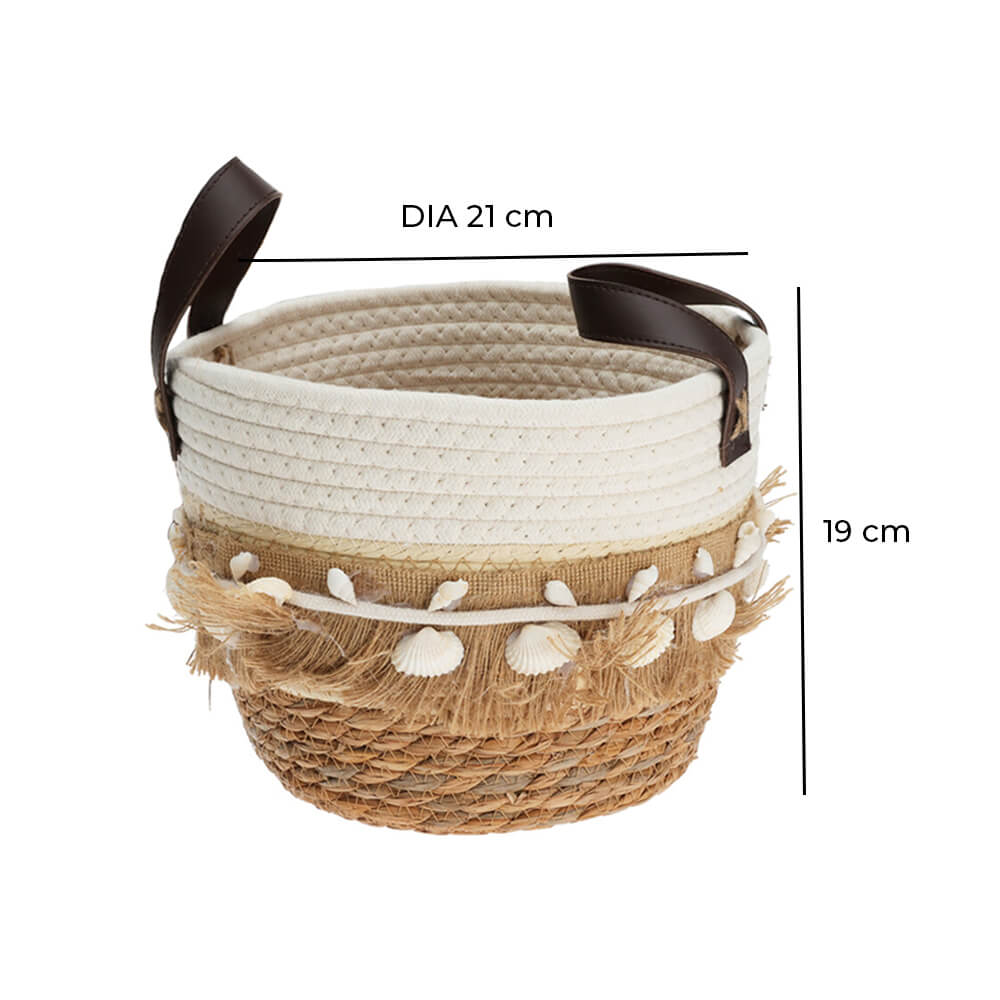 Natural Seagrass Basket with Cotton Handles and Sea Shells