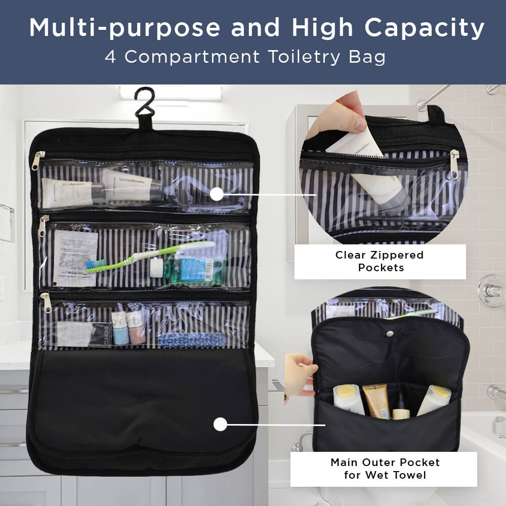 Hanging Toiletry Bag - Foldable with 3 Compartments and Hook - Water-Resistant