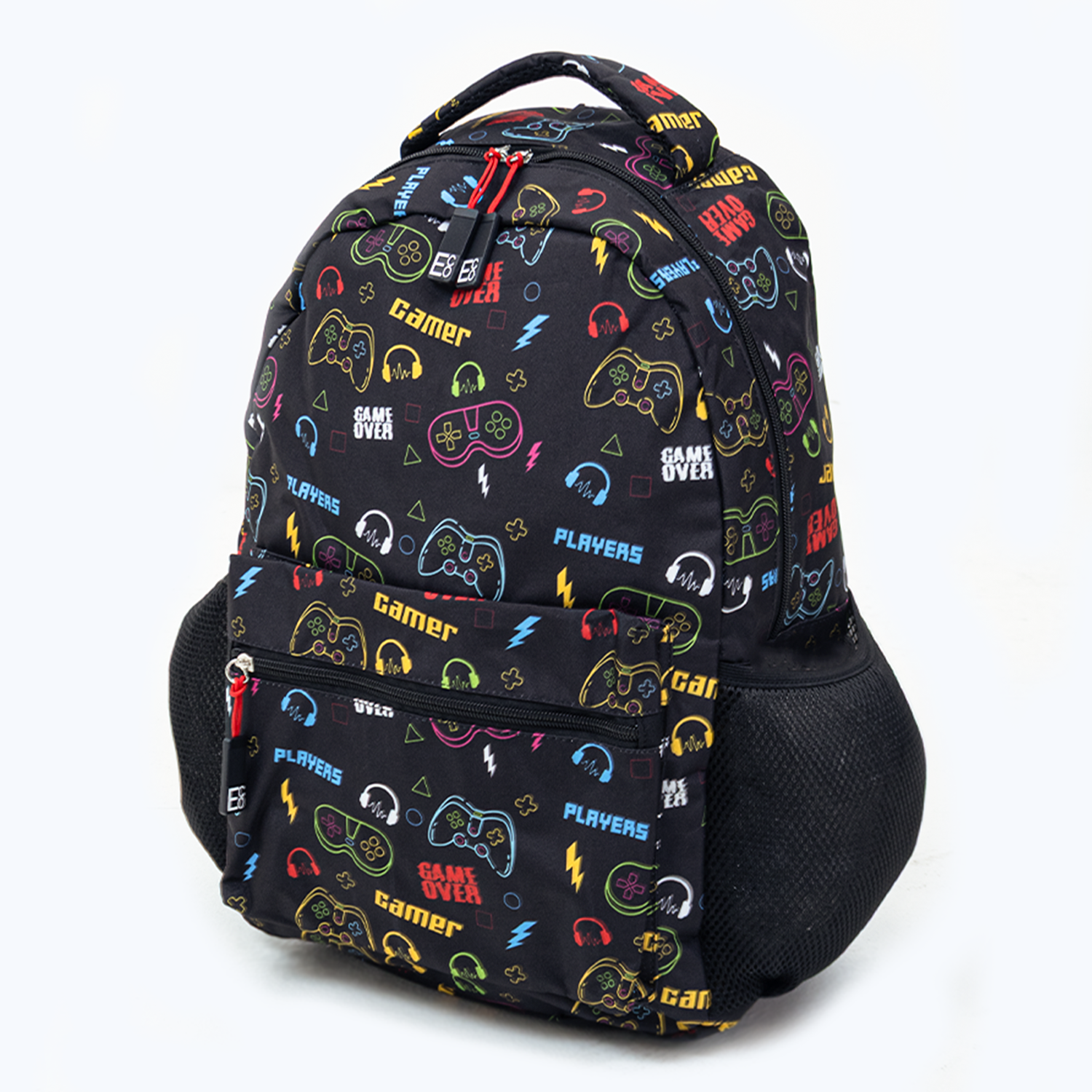 Game Over Backpack | Gaming School Bag with Gamer Icon Print