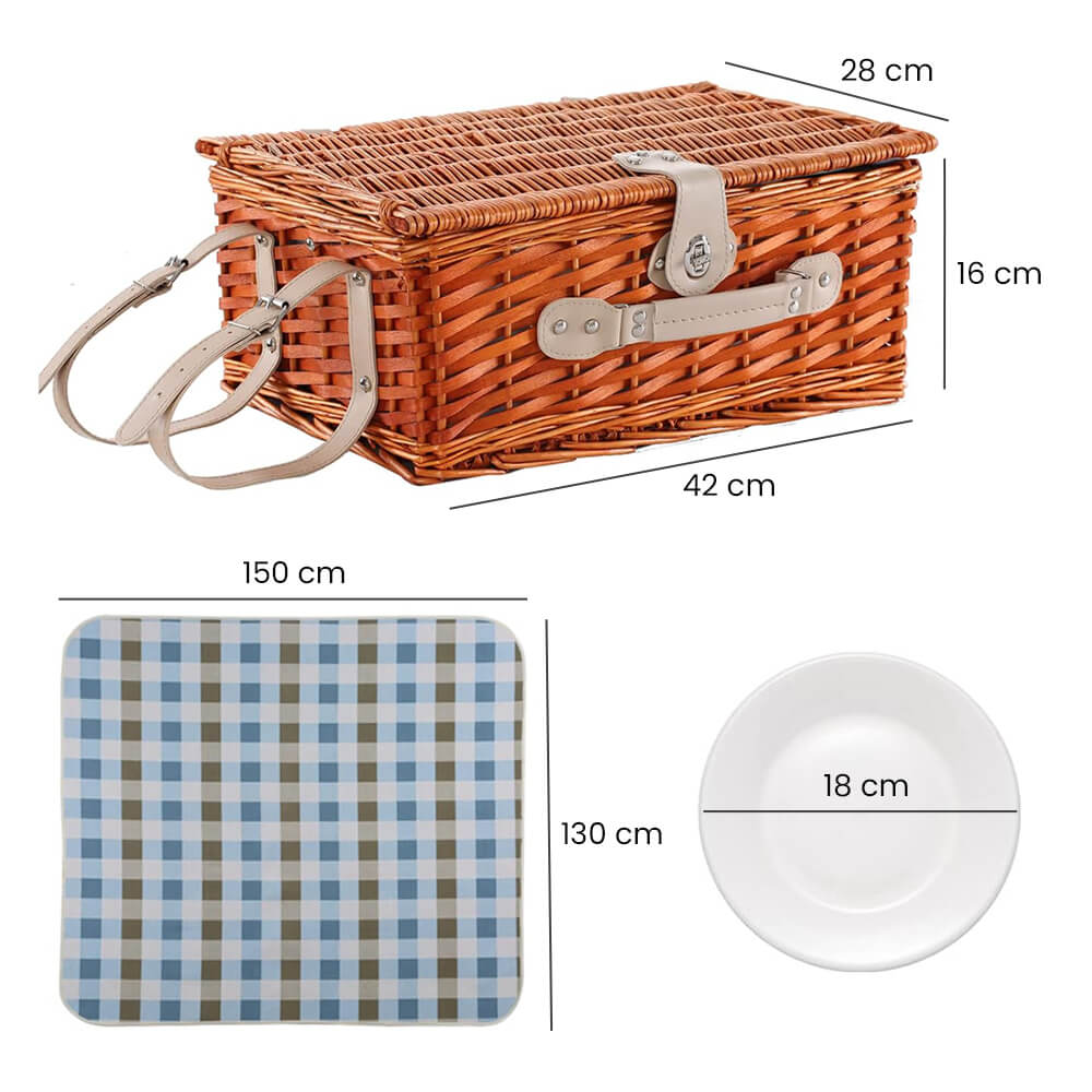 Wicker Picnic Basket with Cooler Bag for 4 Person- Checkered Design
