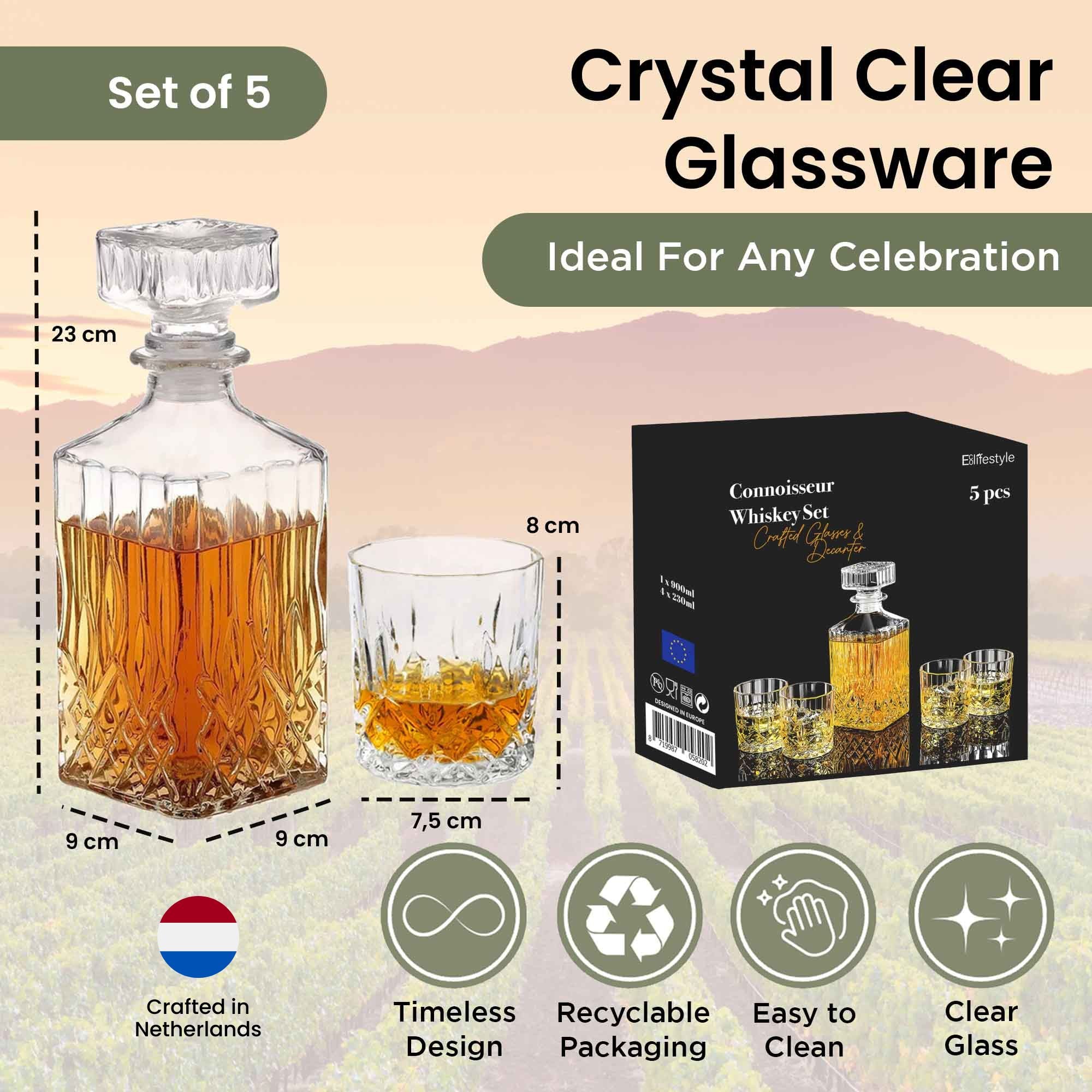 Whisky-Dekanter 900 ml mit 4 Gläsern 230 ml – Geschenkset – Diamantschliff