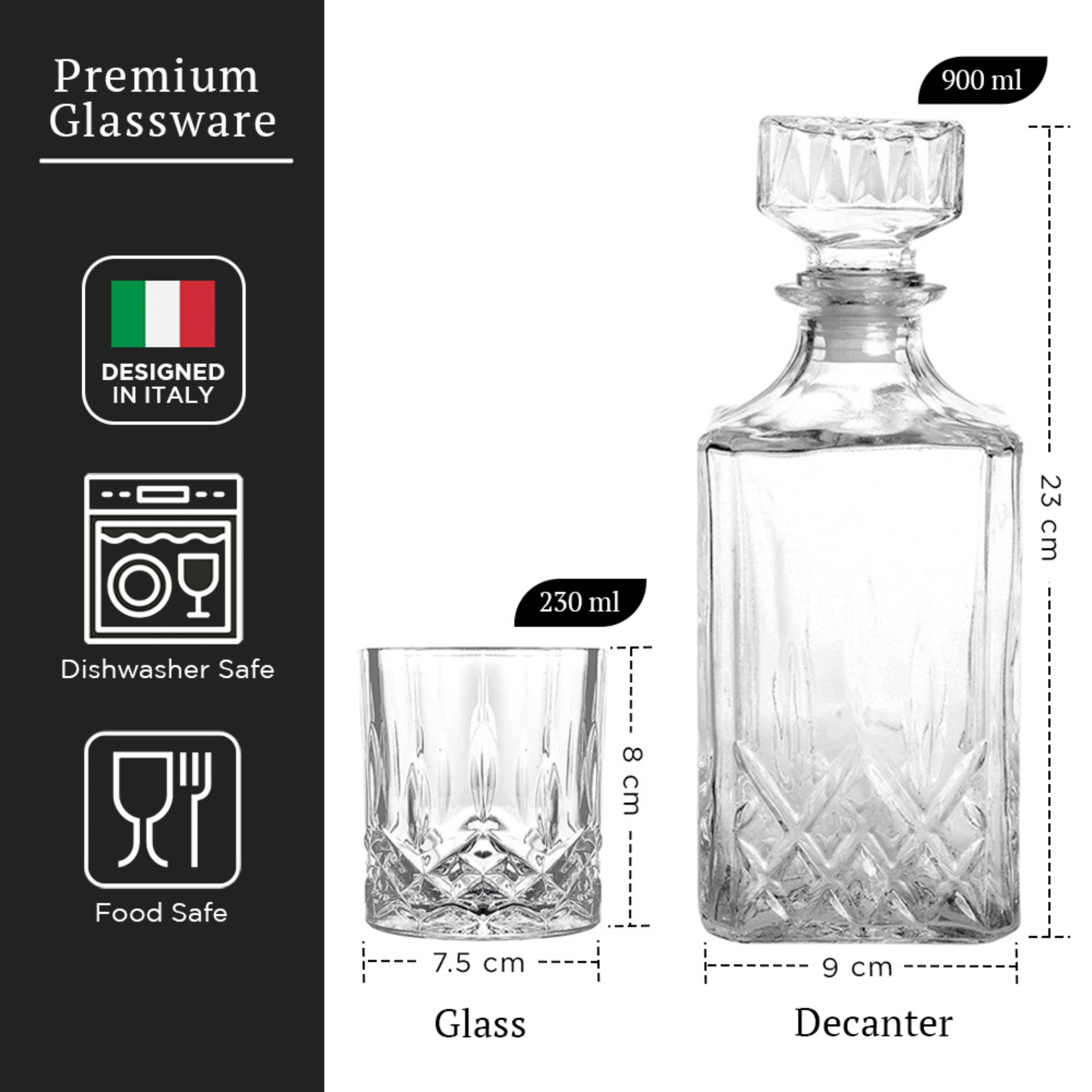 Decantador de Whisky 900ml con 4 Vasos 230ml - Set de Regalo - Corte Diamante