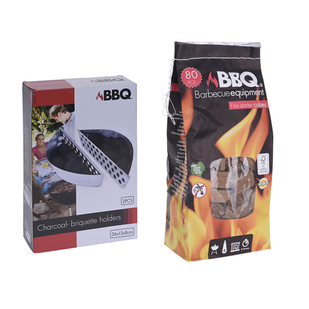 Braai Grill Charcoal Briquets Holder - Set of 2 Pieces with Fire Starters