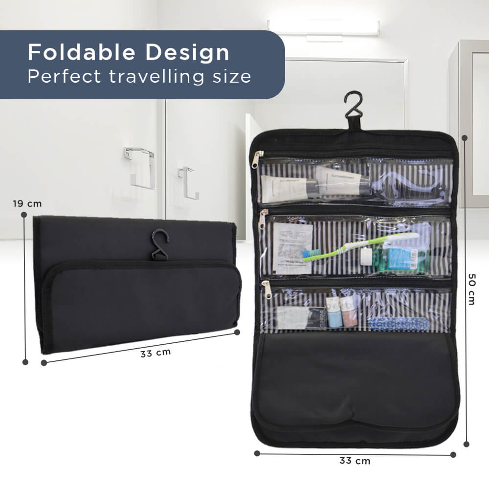 Hanging Toiletry Bag - Foldable with 3 Compartments and Hook - Water-Resistant