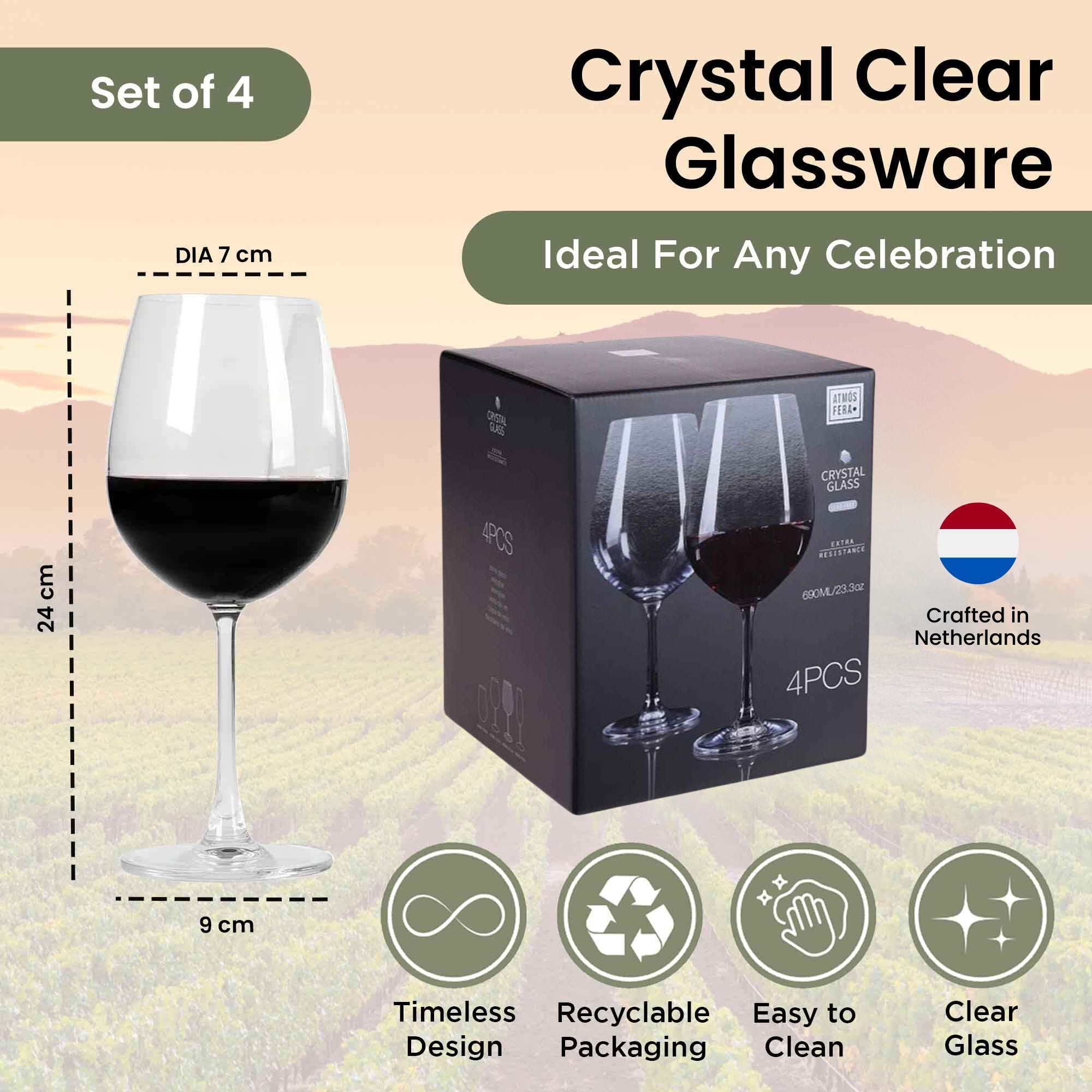 Red Wine Glasses - 690ml - 4 Pieces - Lead-Free Crystalline