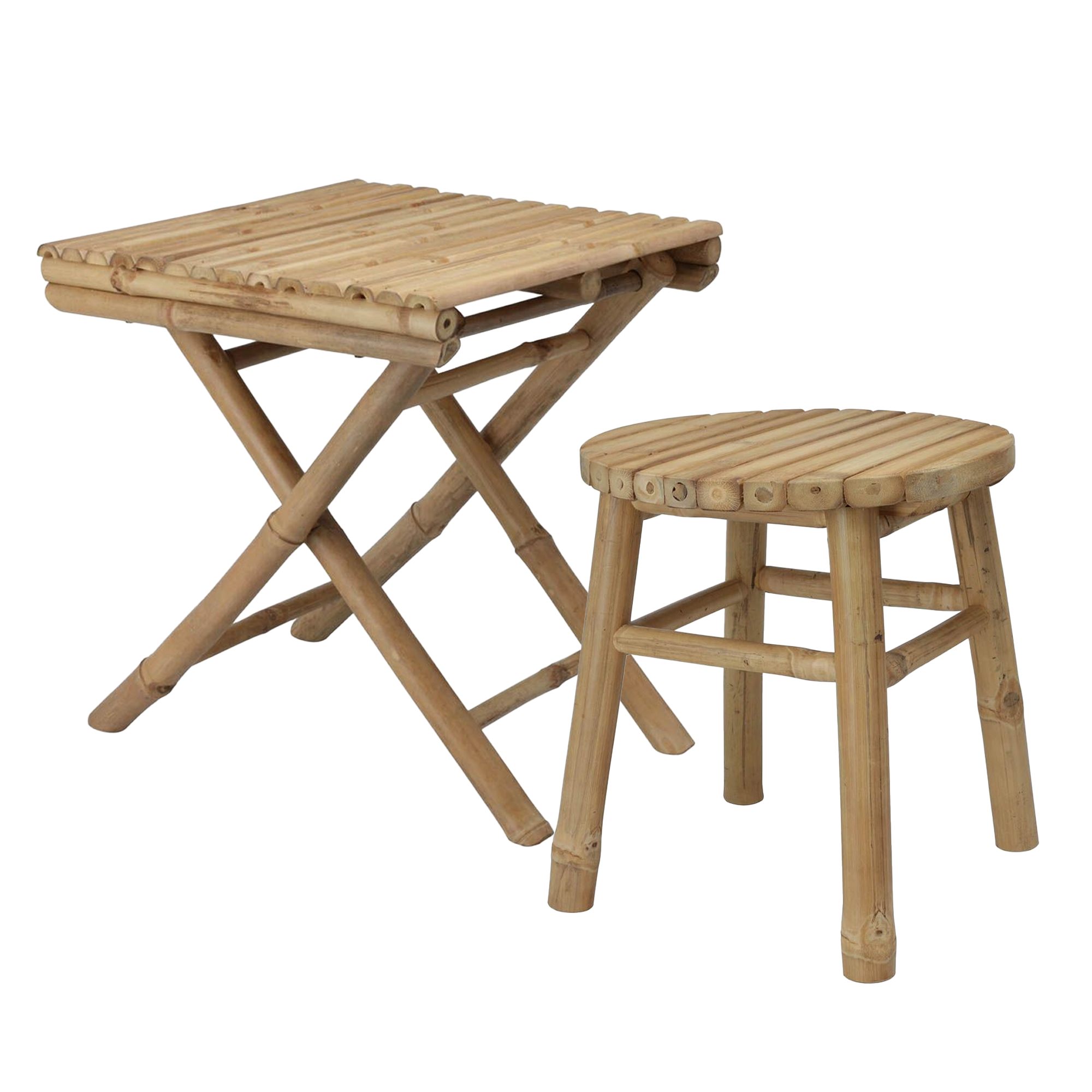 Natural Bamboo Outdoor Table and Stool Set - Foldable 3-Piece Table (40x40x45cm) with 4-Piece DIY Garden Stools